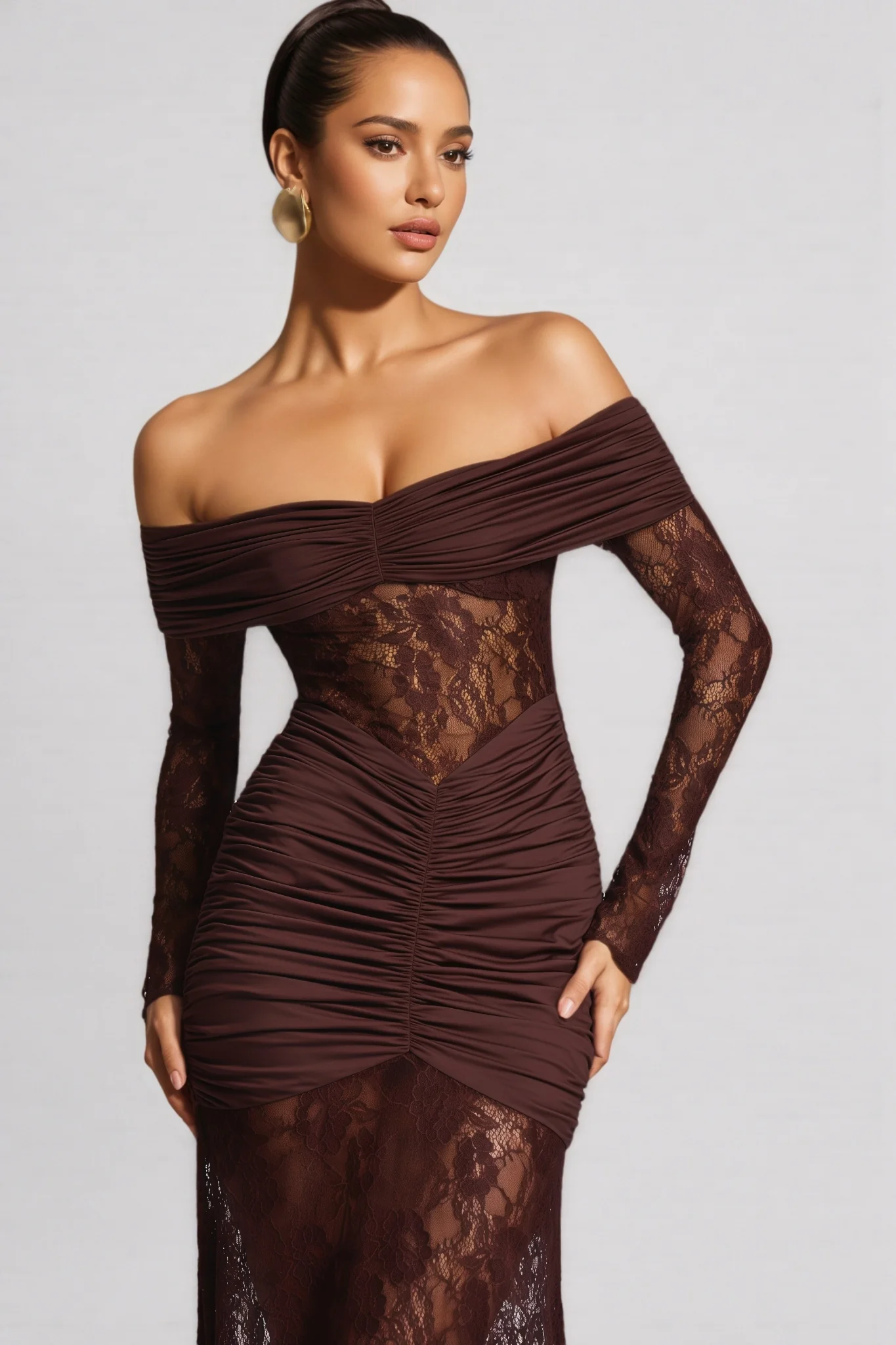 Velally Brown Lace Cut-Out Fishtail Maxi Dress