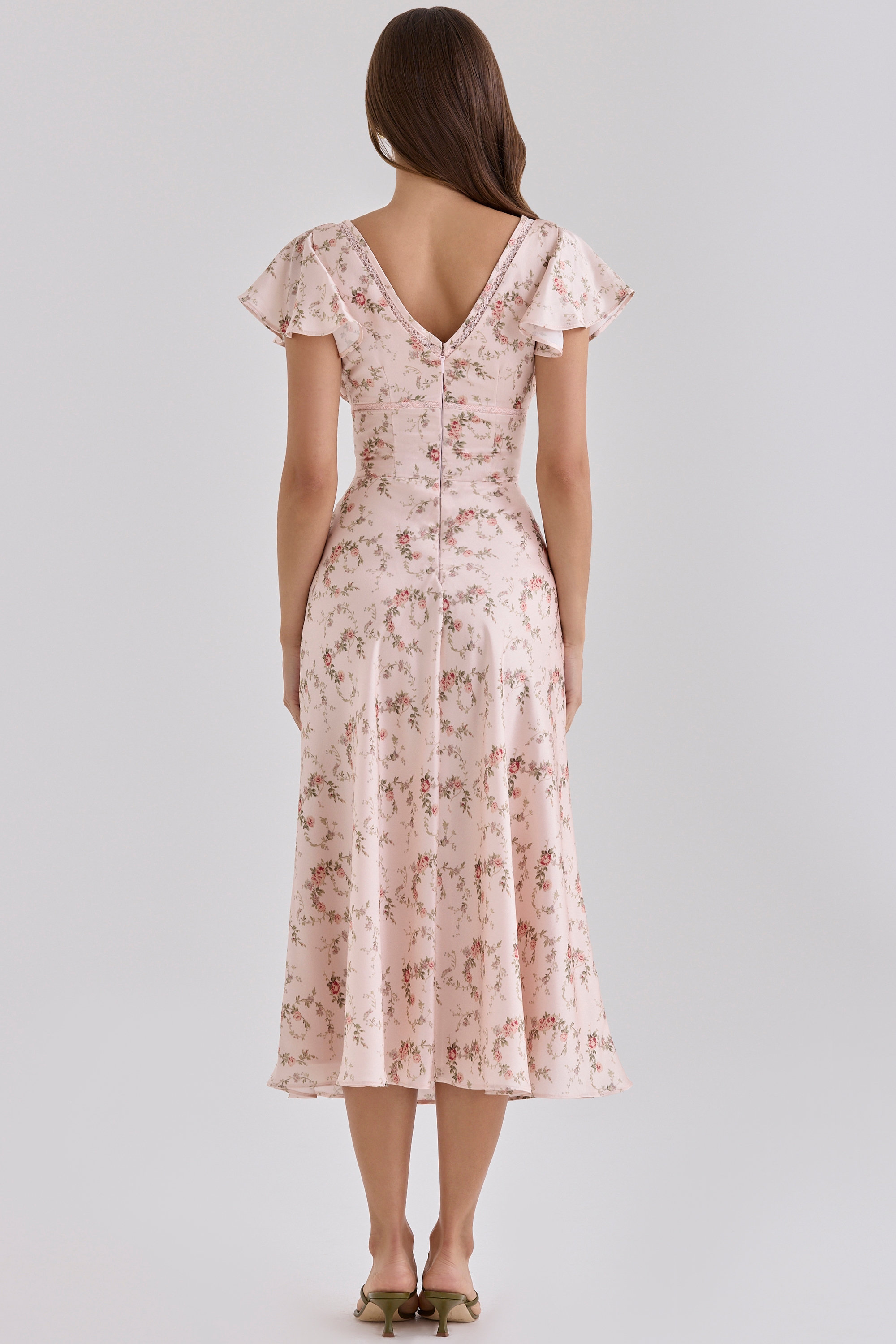 Vintage Rose Floral Print Satin V-neck Midi Tea Dress