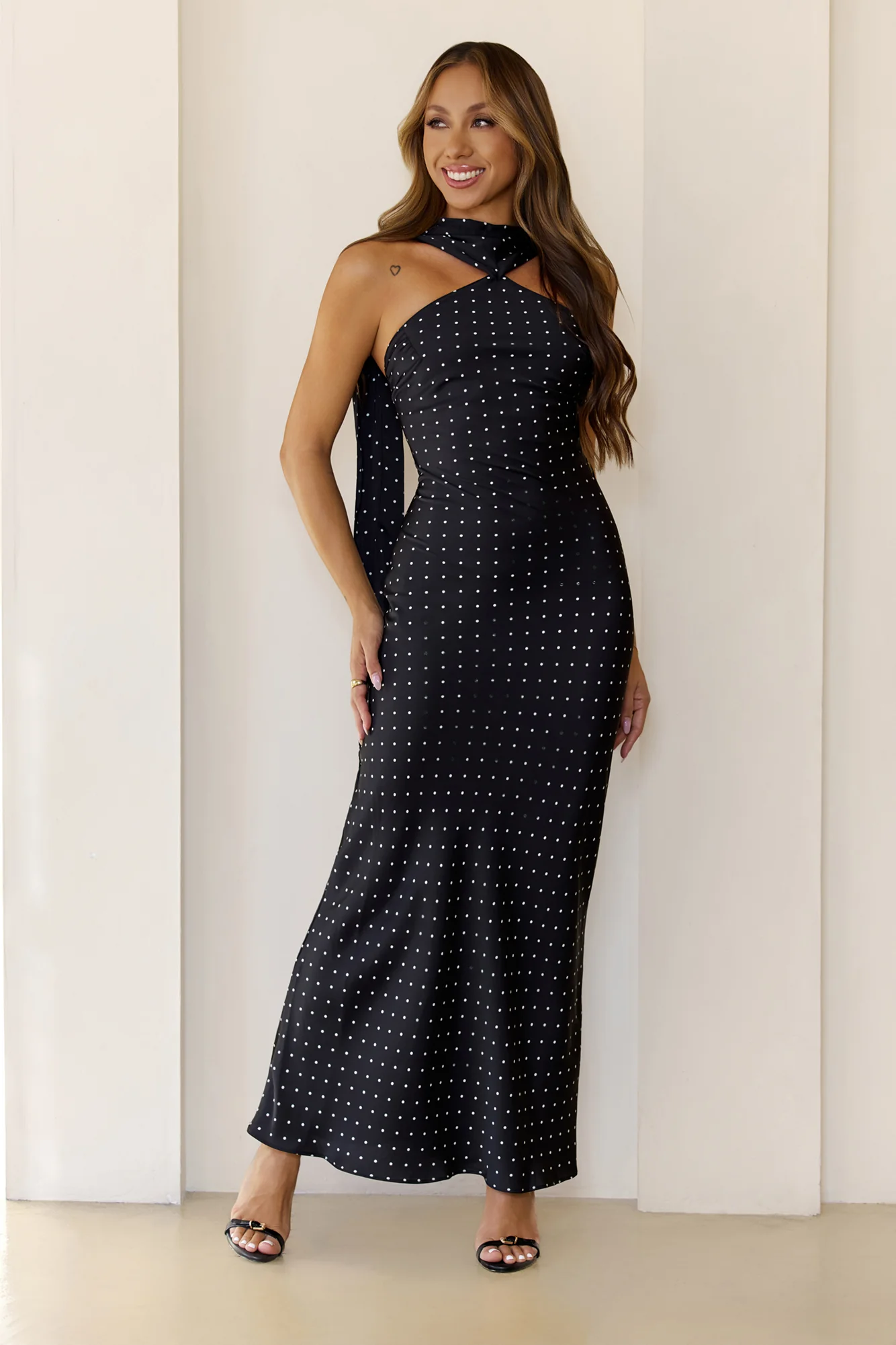 Orchid Dusk Polka Dot Satin Maxi Dress Black
