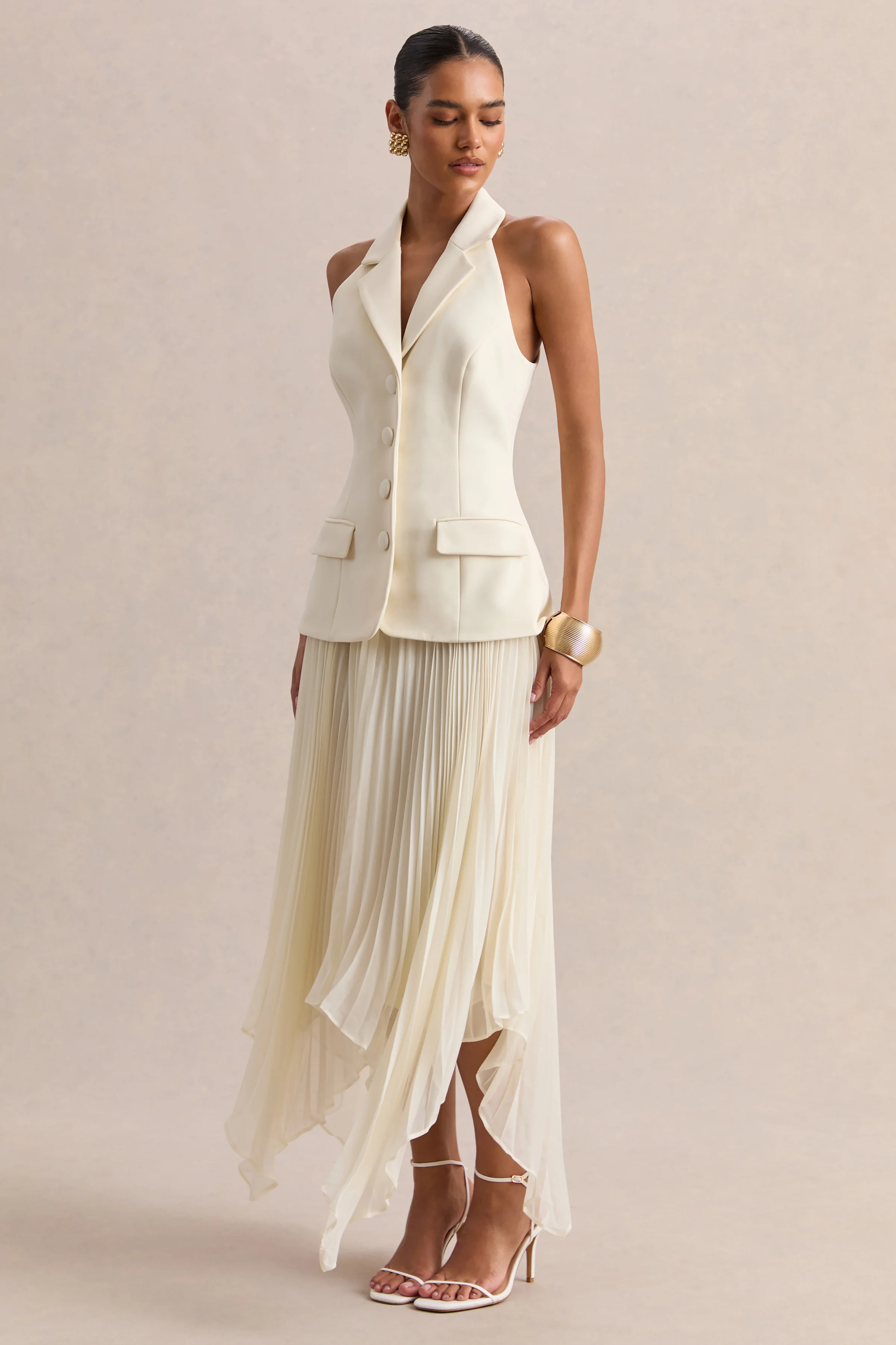 Marvelle | Cream Plunge-Neck Maxi Dress With Hanky Hem