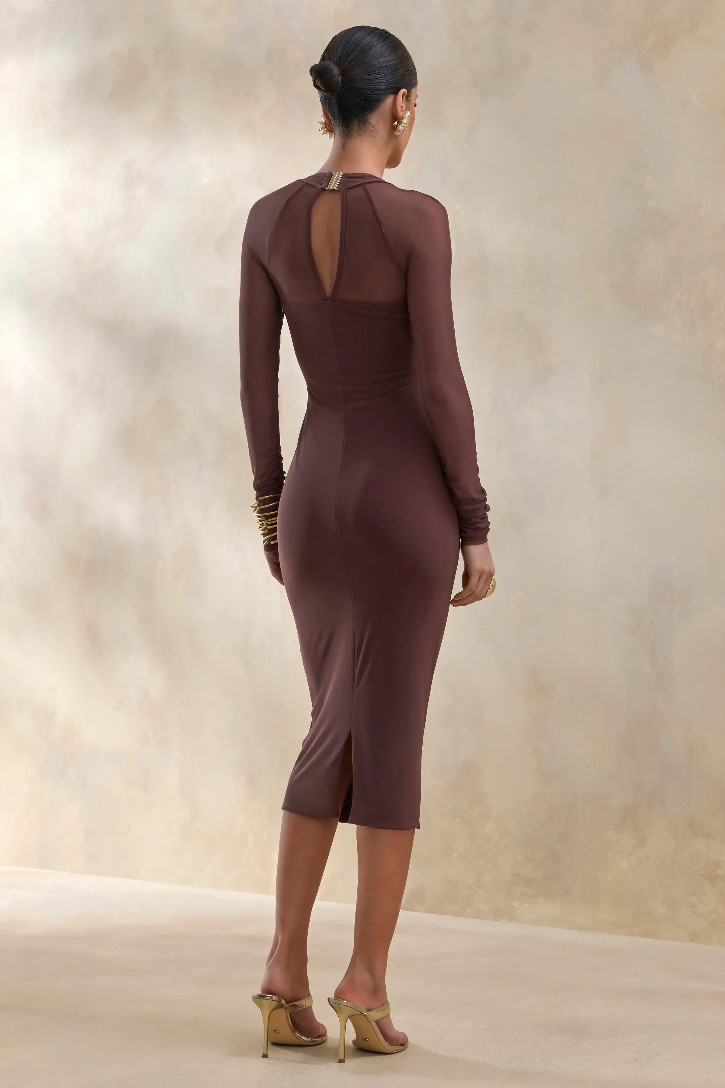 Off Track | Brown Bodycon Midi Dress With Sheer Sleeves