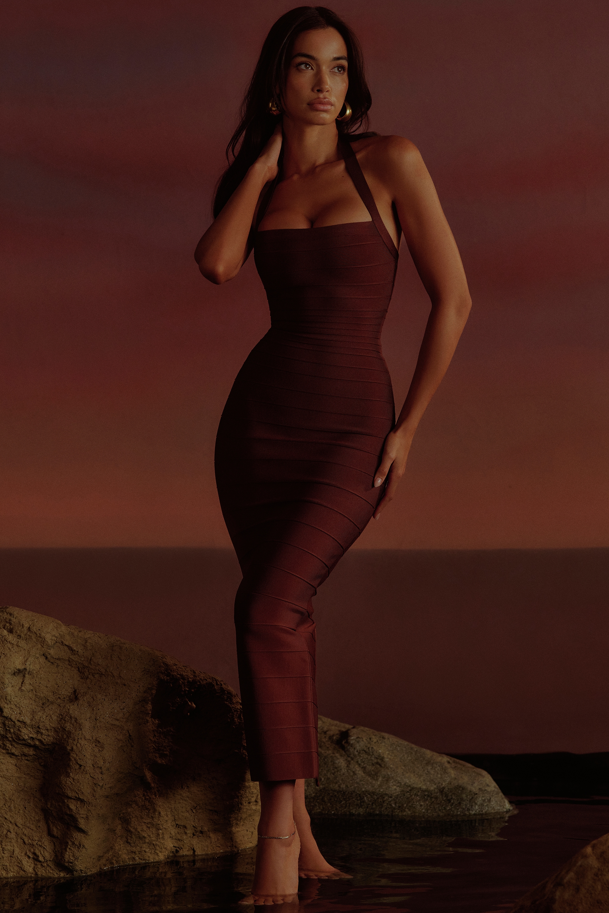 Burnt Sugar Halter Neck Bandage Maxi Dress