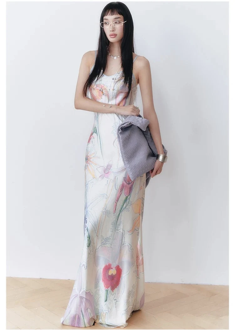 Botanical Print Bias-Cut Camisole Long Dress