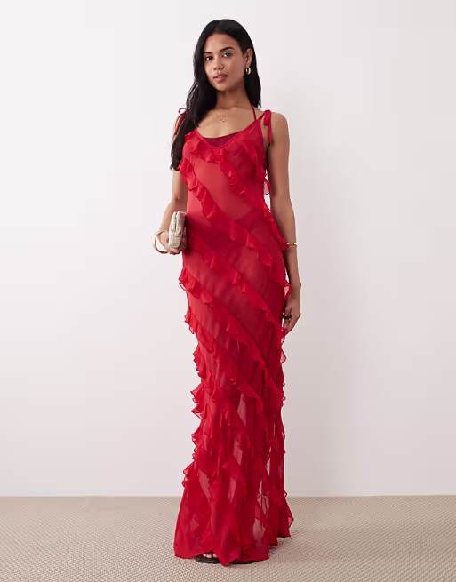Miss Selfridge asymmetric ruffles low back beach maxi dress in red