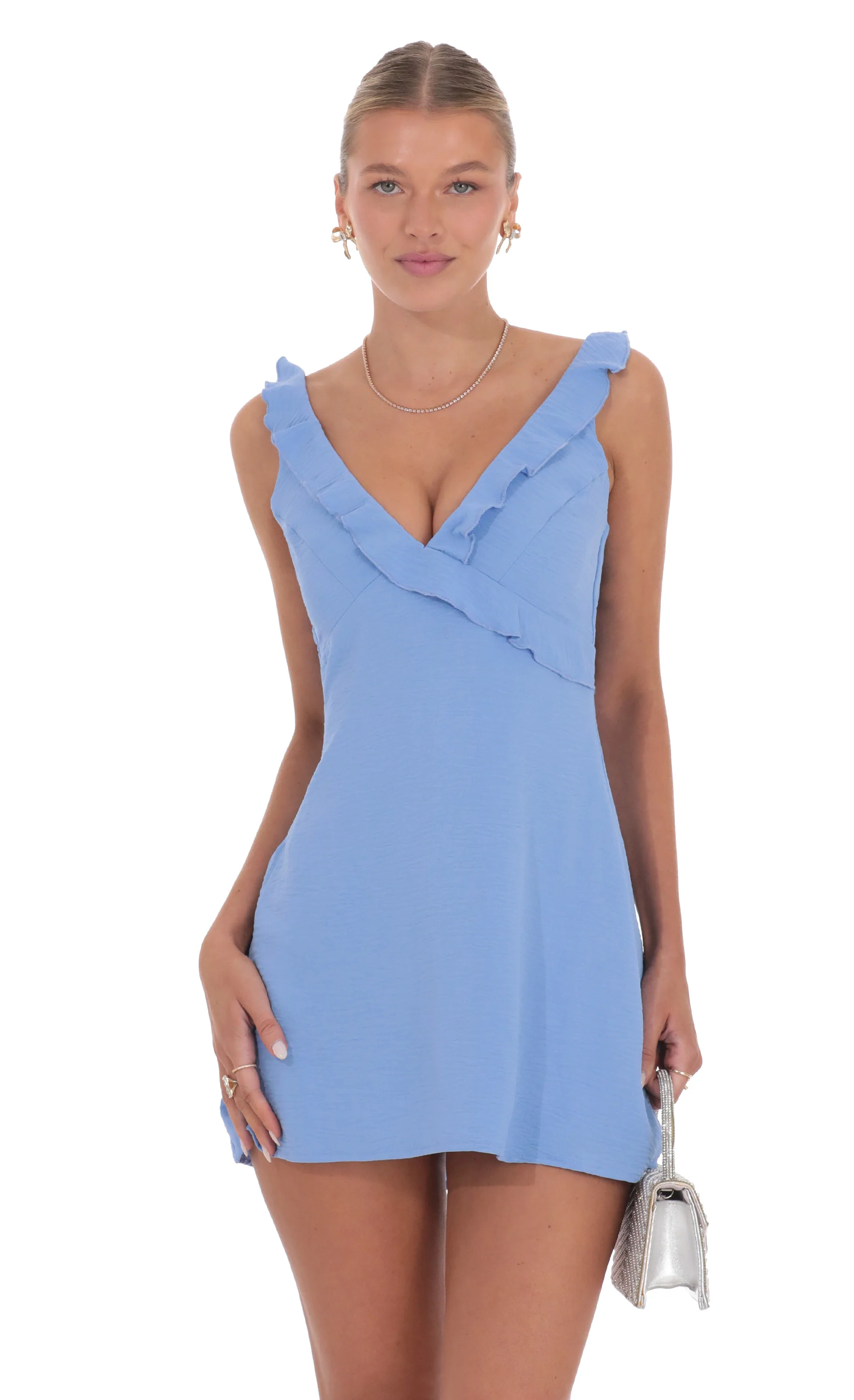 Ruffle V-Neck Dress in Light Blue