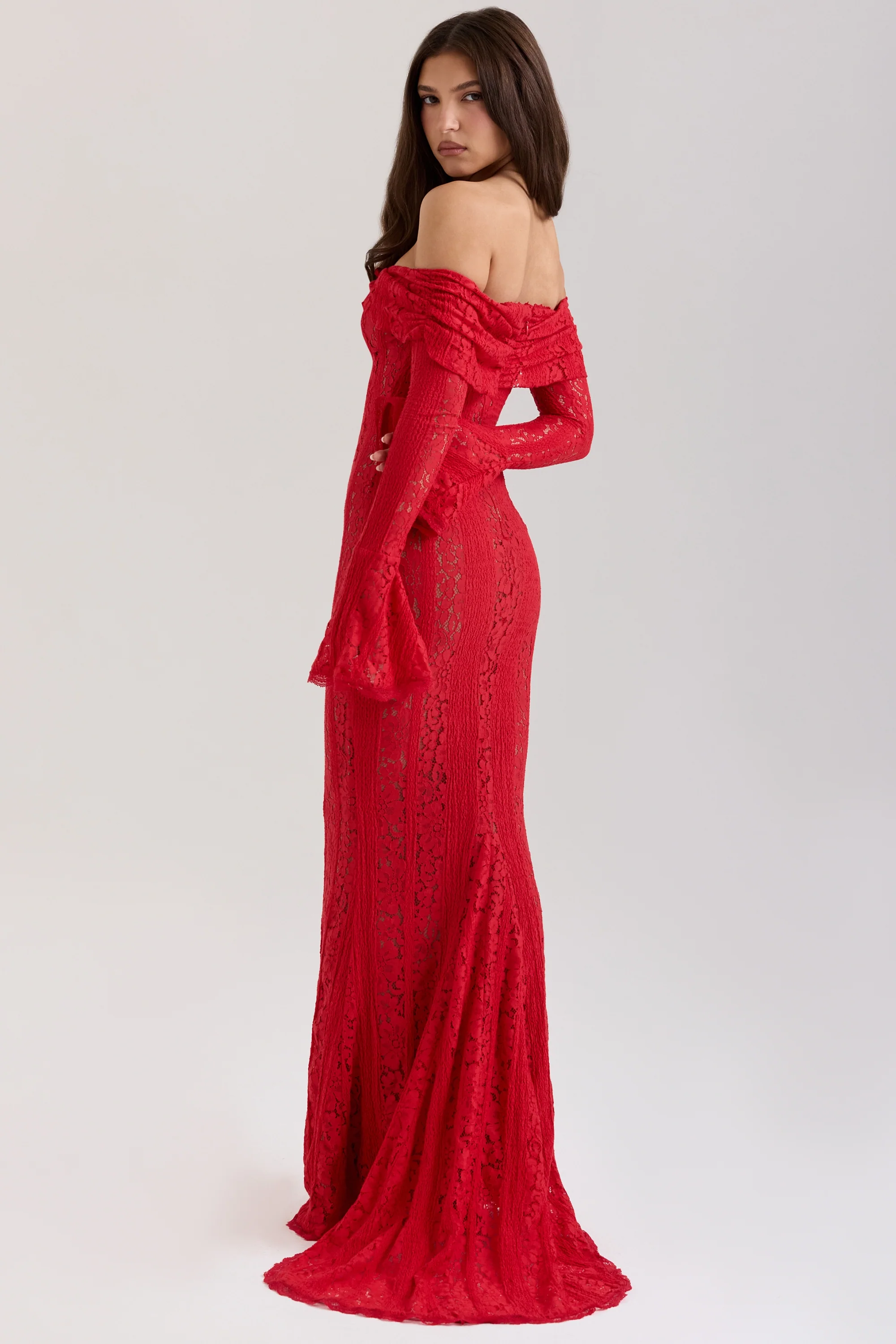 Red Off Shoulder Floral Lace Maxi Dress