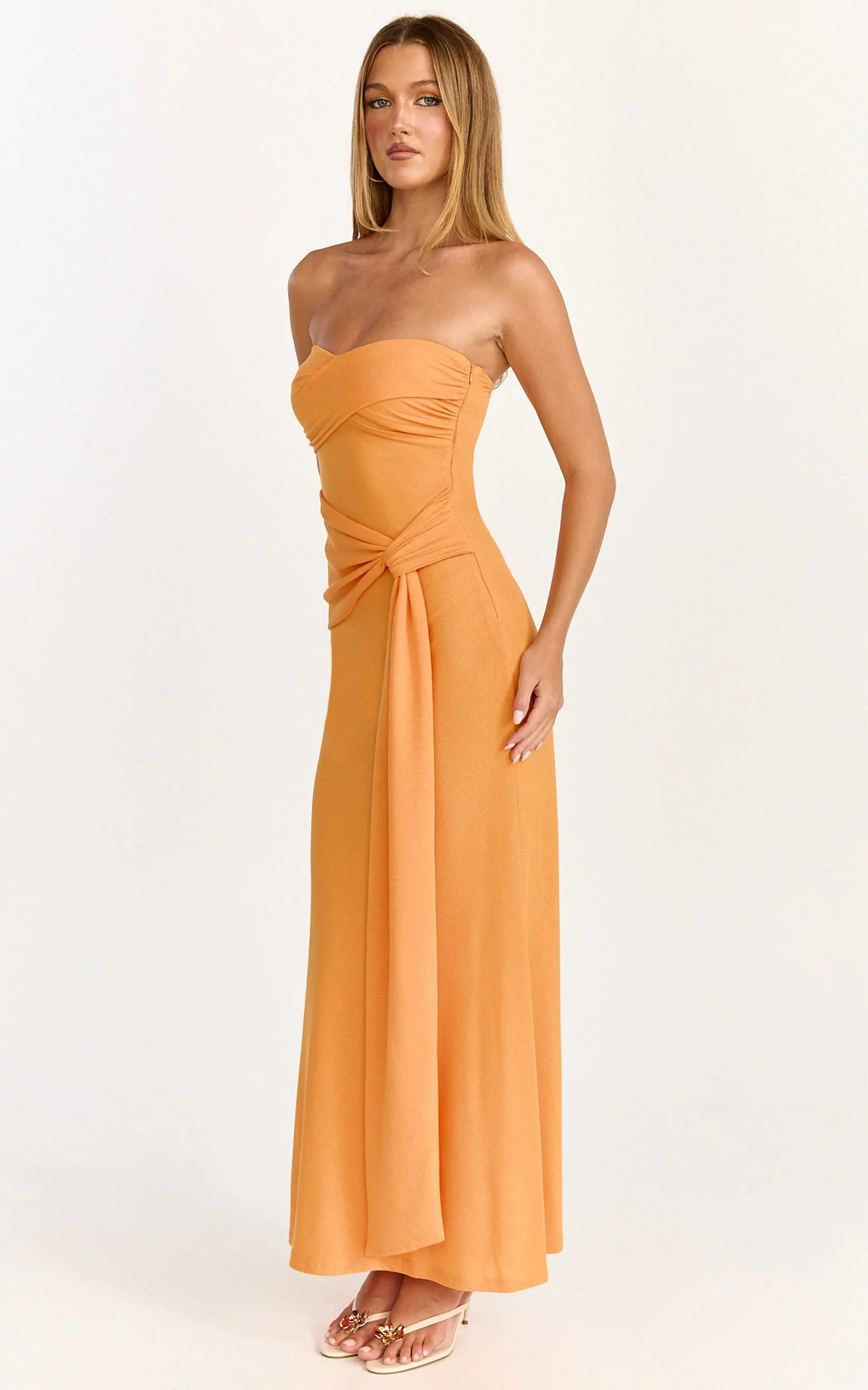Aria Midi Dress - Strapless Tie Waist Dress in Orange