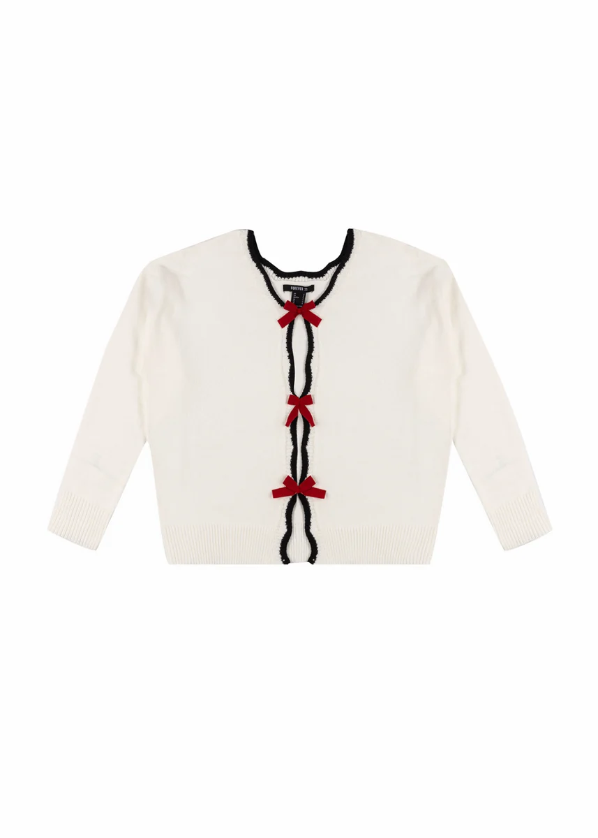 Velvet Bow Open-Front Knit Sweater