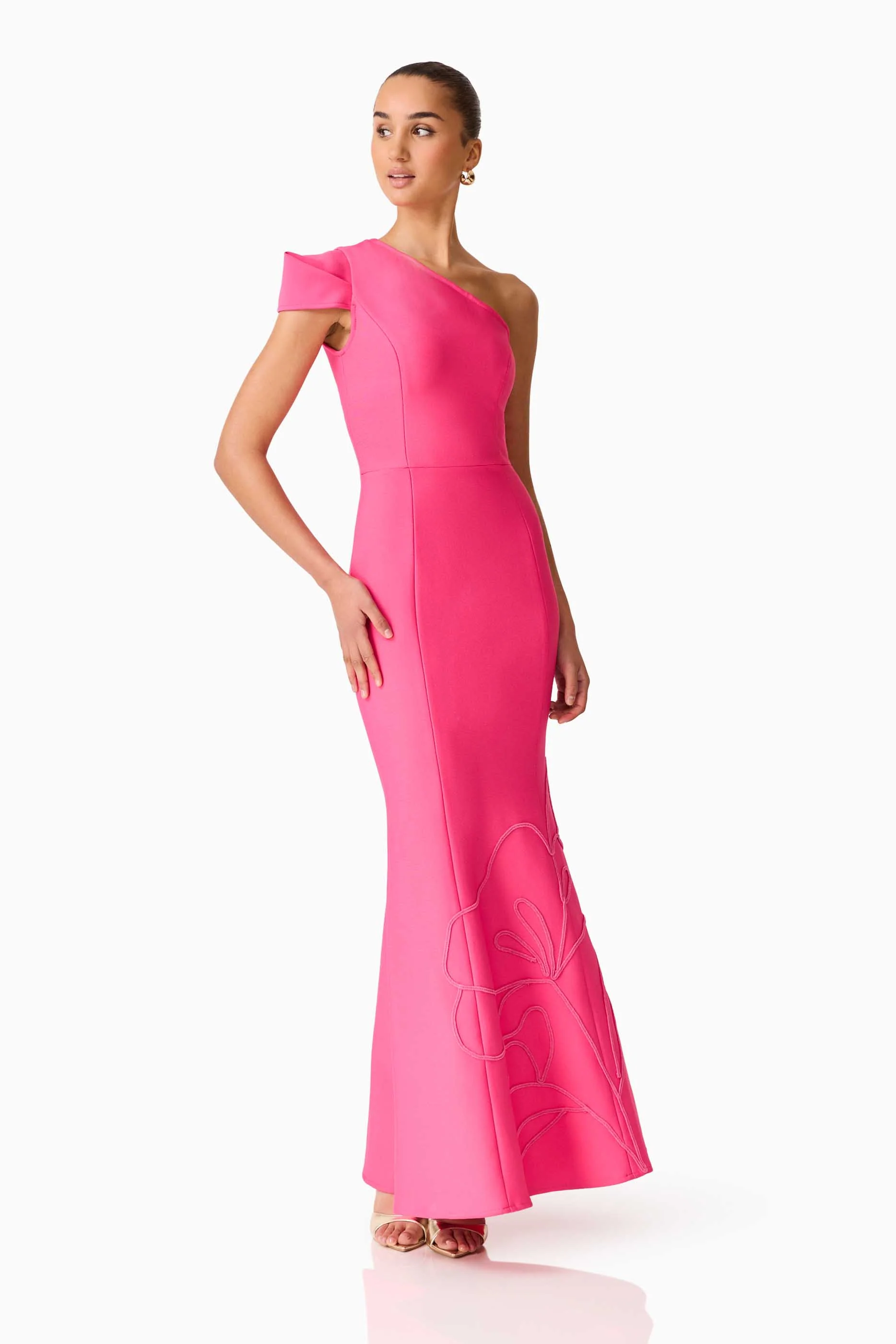 Opline One Shoulder Gown in Hot Pink