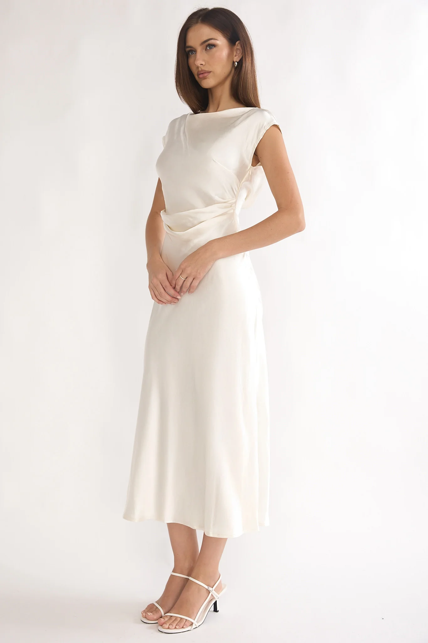 Loveland Pleat Cowl Back Midi Dress Oyster - luluinthesky
