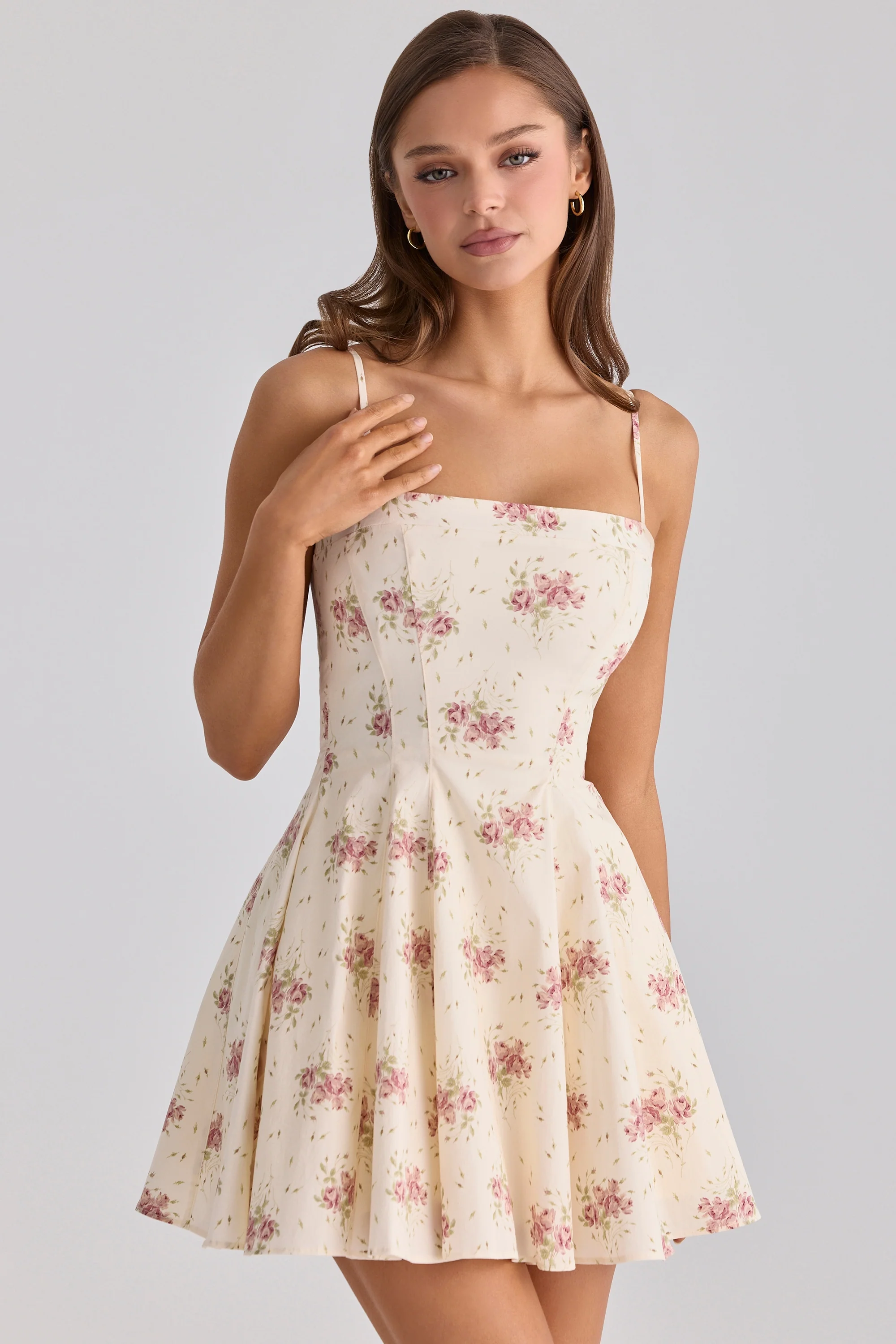 Ivory Vintage Rose Print Cotton Flared Mini Sundress