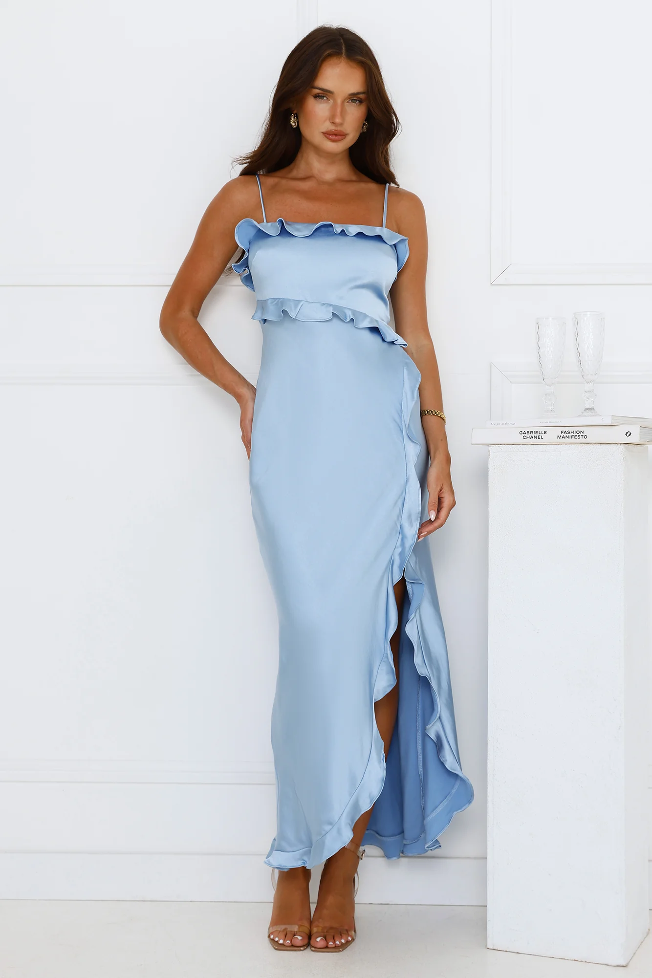 Vibrant Vixen Satin Maxi Dress Blue