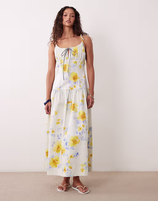 structured cotton sateen tie bust dropped waist maxi sundress in painted blue & yellow floral with gingham tie straps