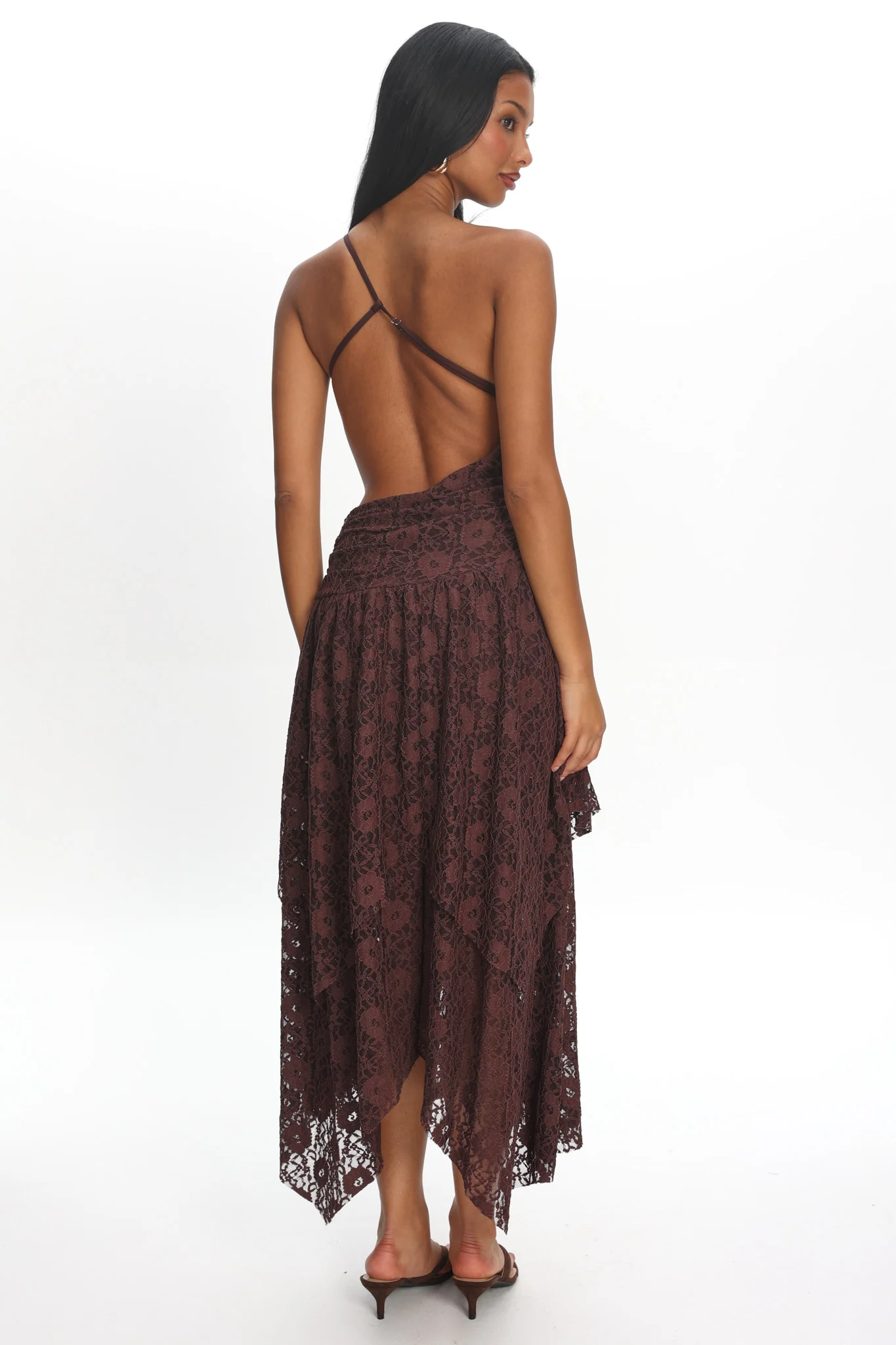 Call Back Cut-Out Waist Midi Dress Lace Chocolate - luluinthesky