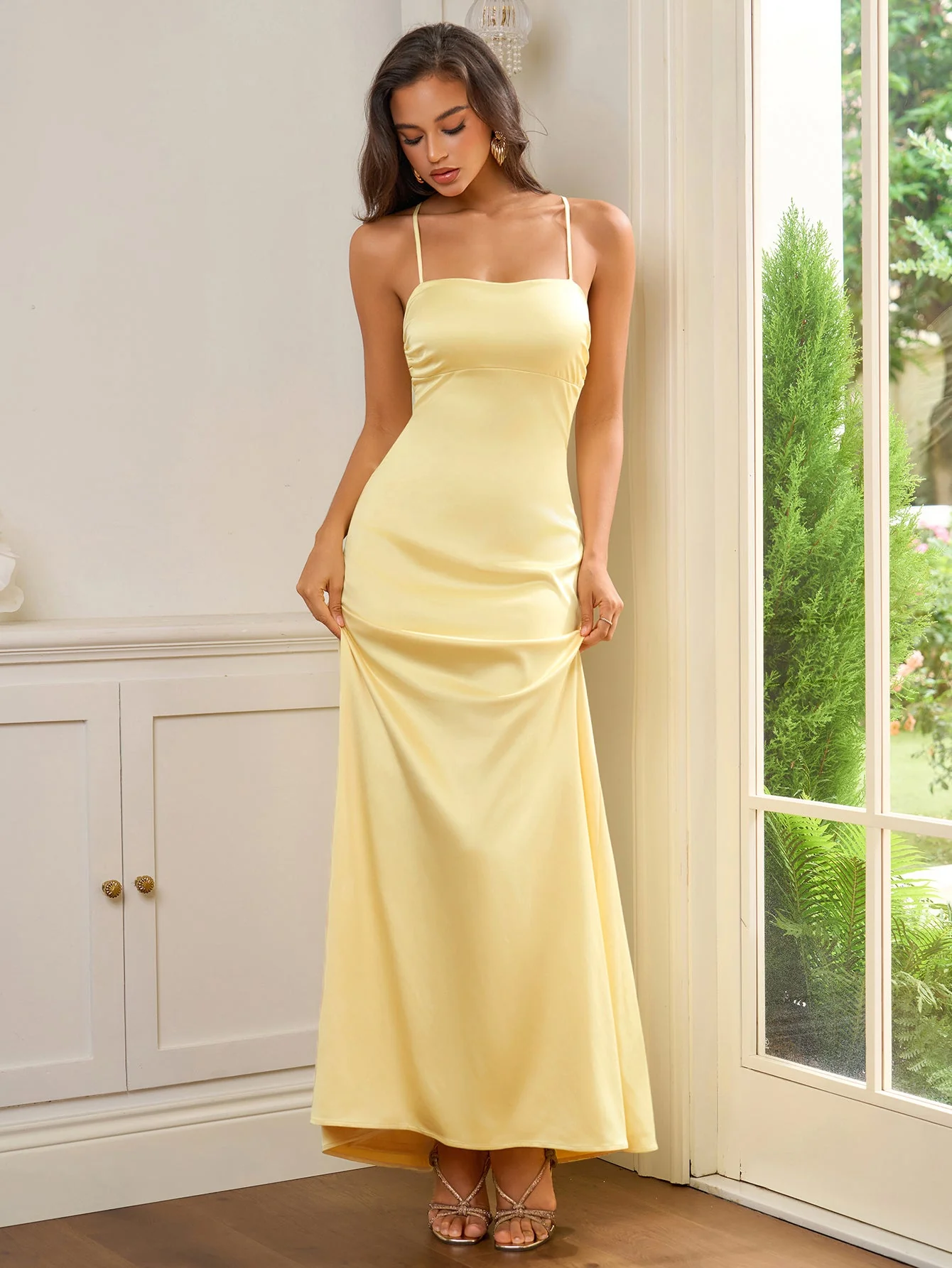 Crisscross Tie Backless Solid  Maxi Dress