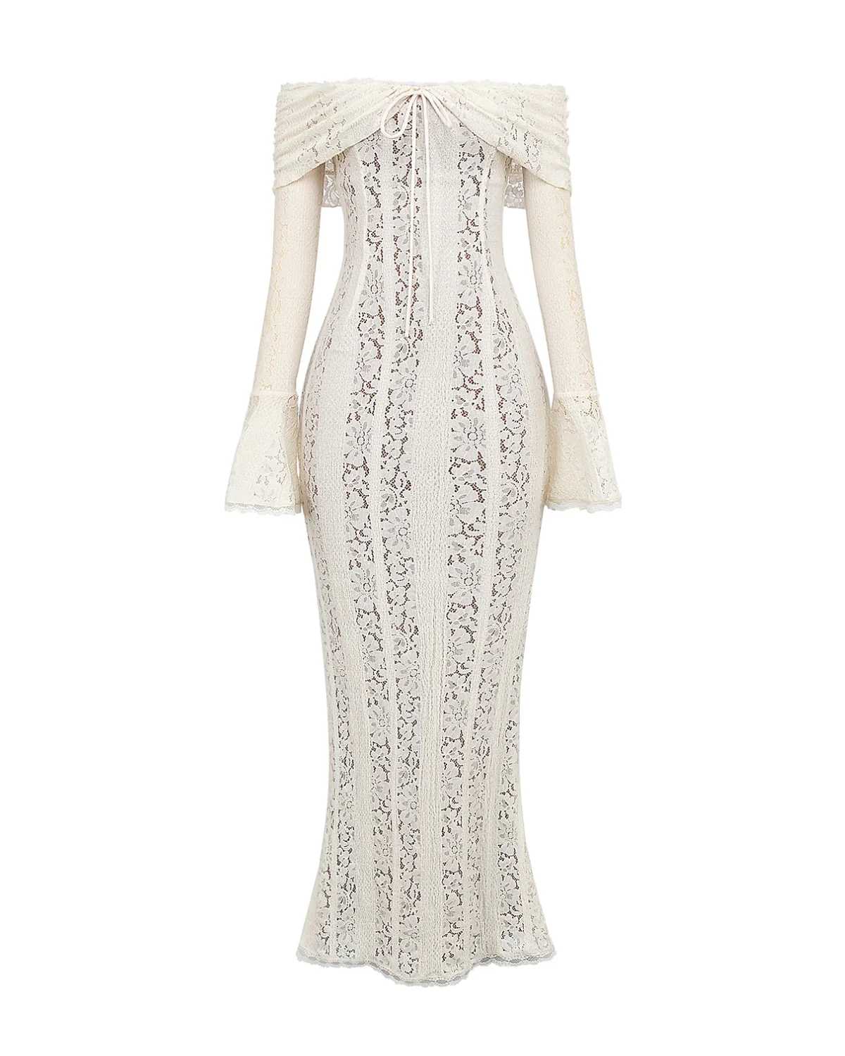 White Lace Maxi Dress with Off-Shoulder Neckline & Sweeping Godet