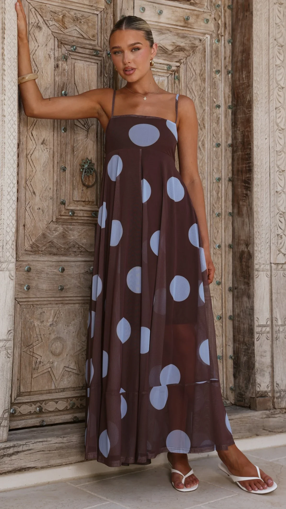 Melinda Mesh Maxi Dress - Brown / Blue Polka Dot