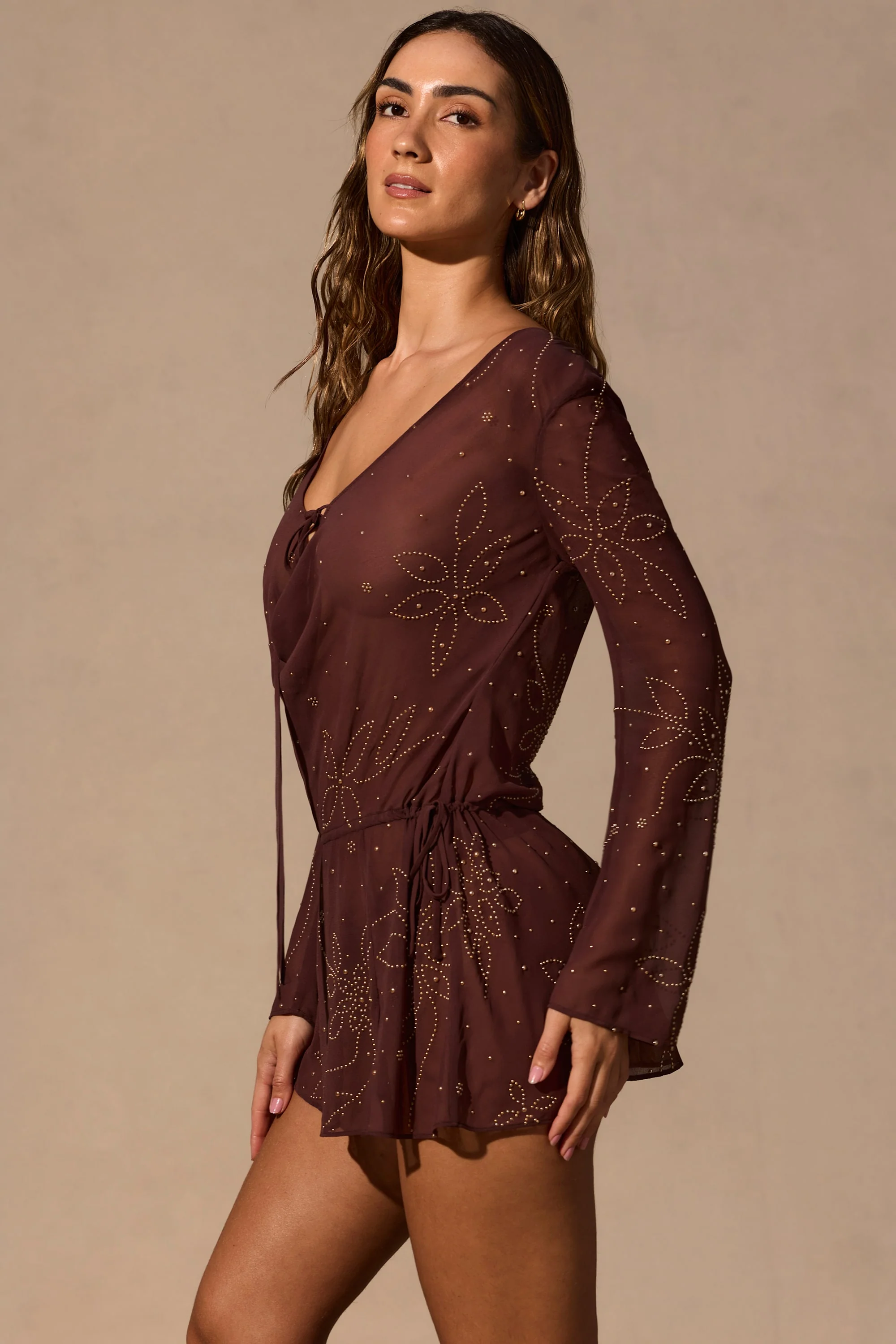 Long-Sleeve Mini Dress in Espresso Brown