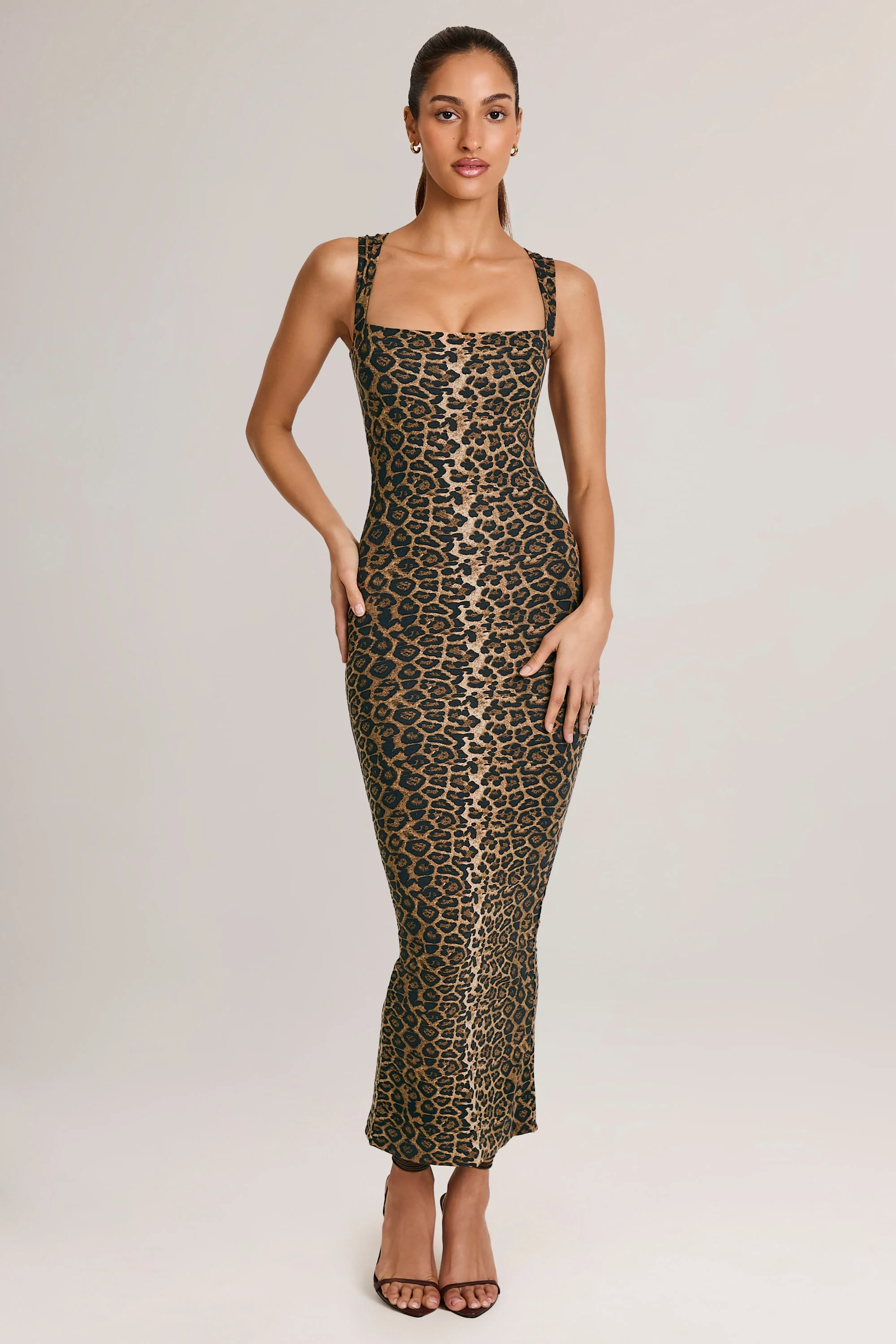 Modal Square-Neck Bodycon Midi Dress in Leopard Print