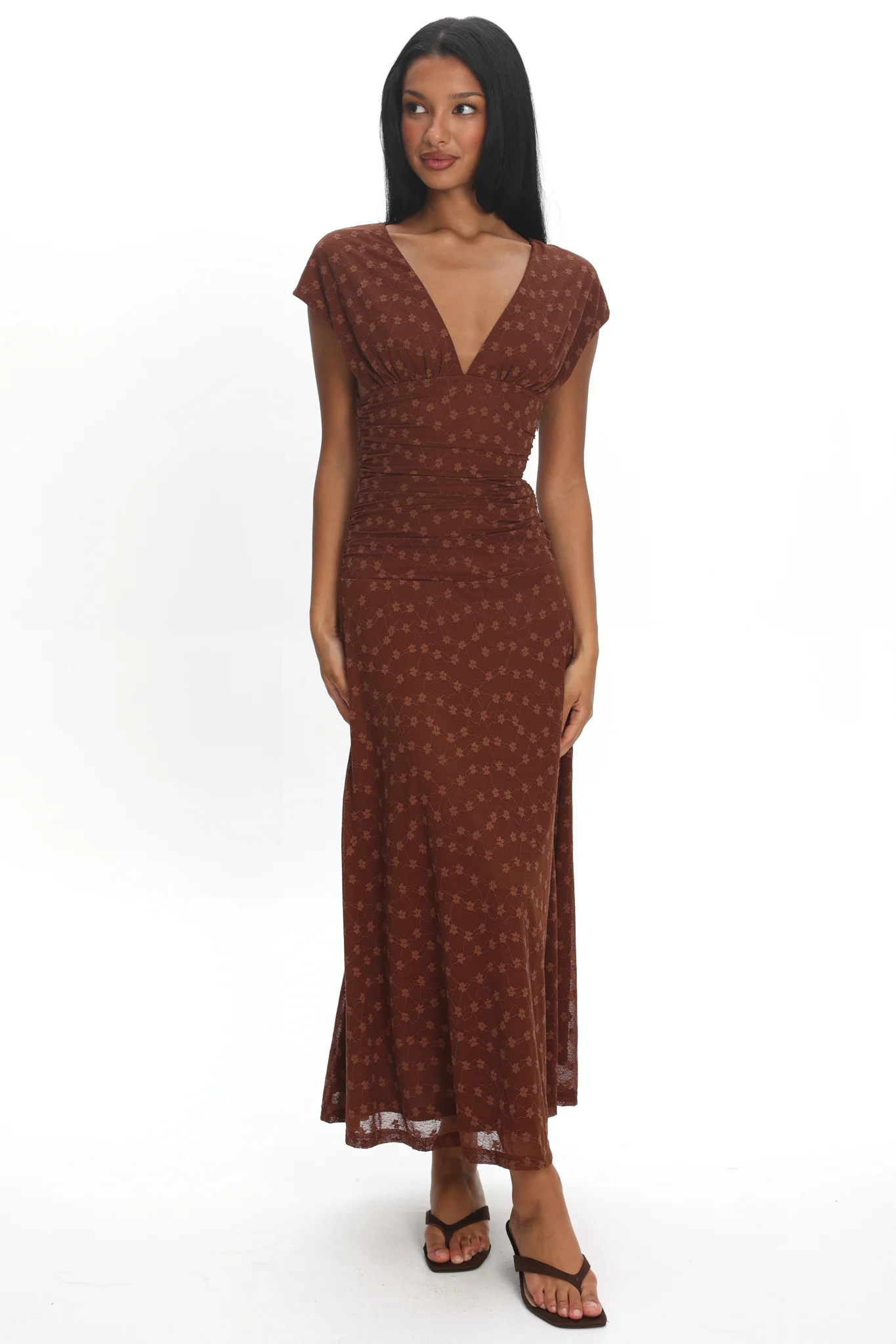 Novia Ruched Bodice Maxi Dress Embroidered Chocolate - luluinthesky