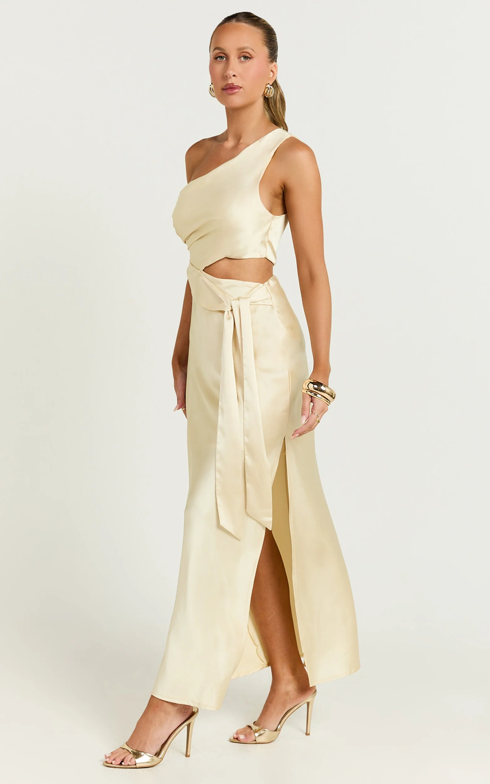 Regina Midi Dress - One Shoulder Cut Out Side Detail  Dress in Butter