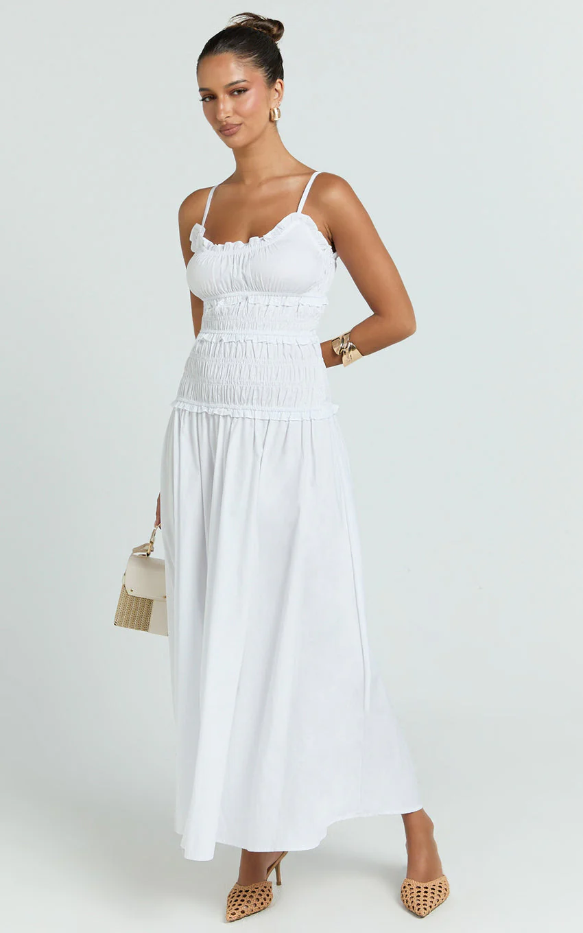 Cami Midi Dress - Rushed Bodice Dress in White - luluinthesky