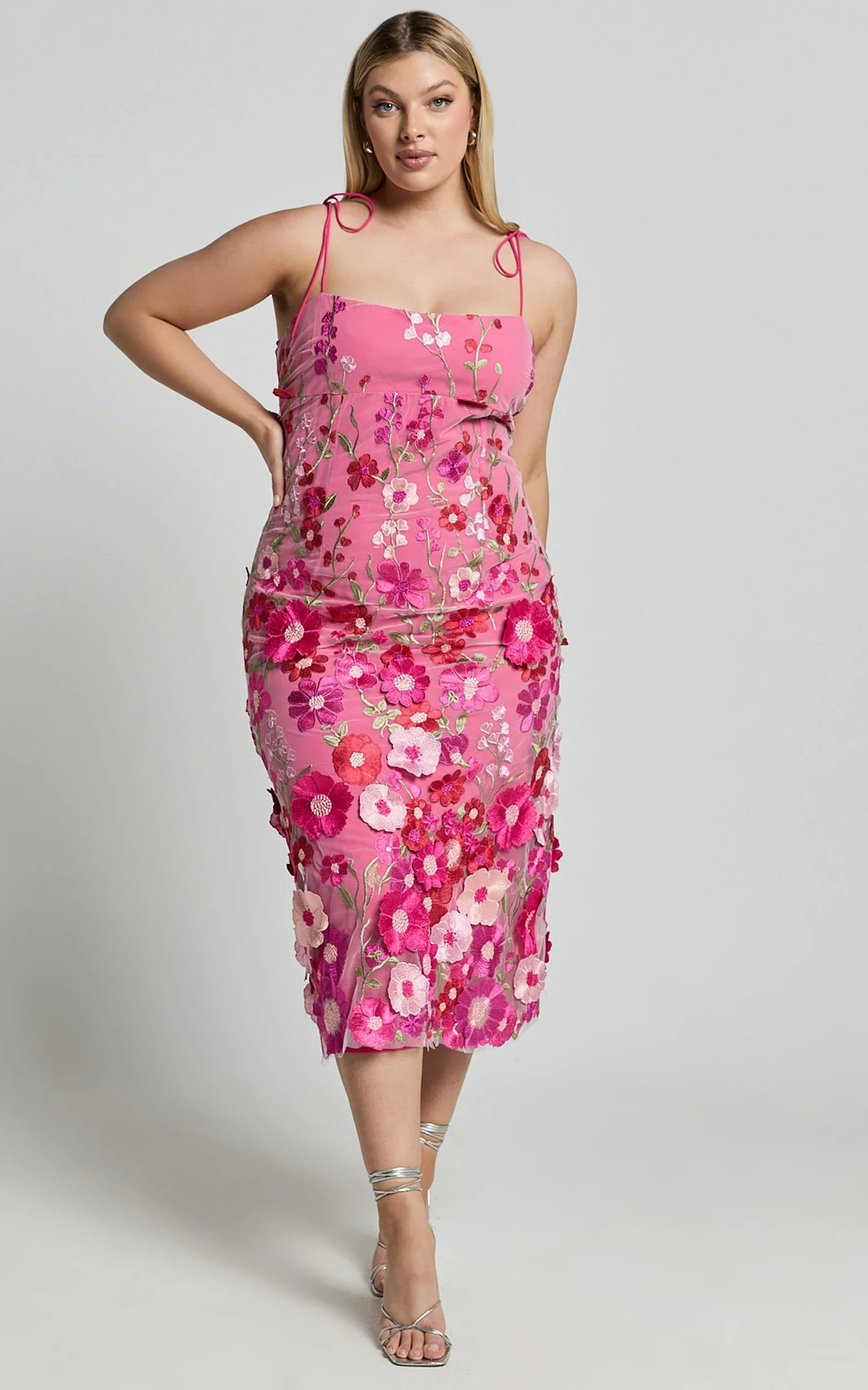 Jamich Midi Dress - Straight Neck Tie Strap Pencil Dress in Magenta