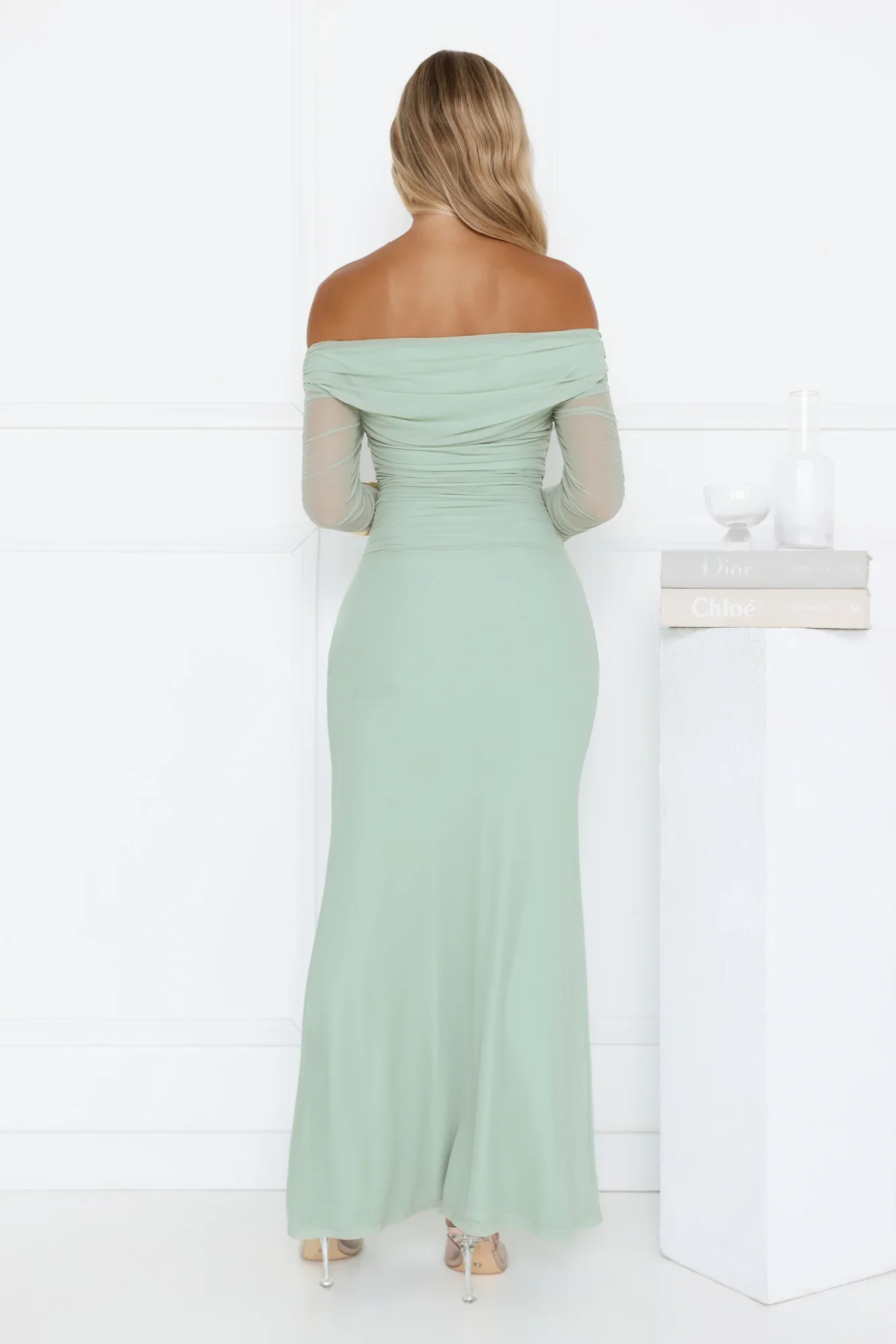 Glam Mesh Off-Shoulder Maxi Dress Mint