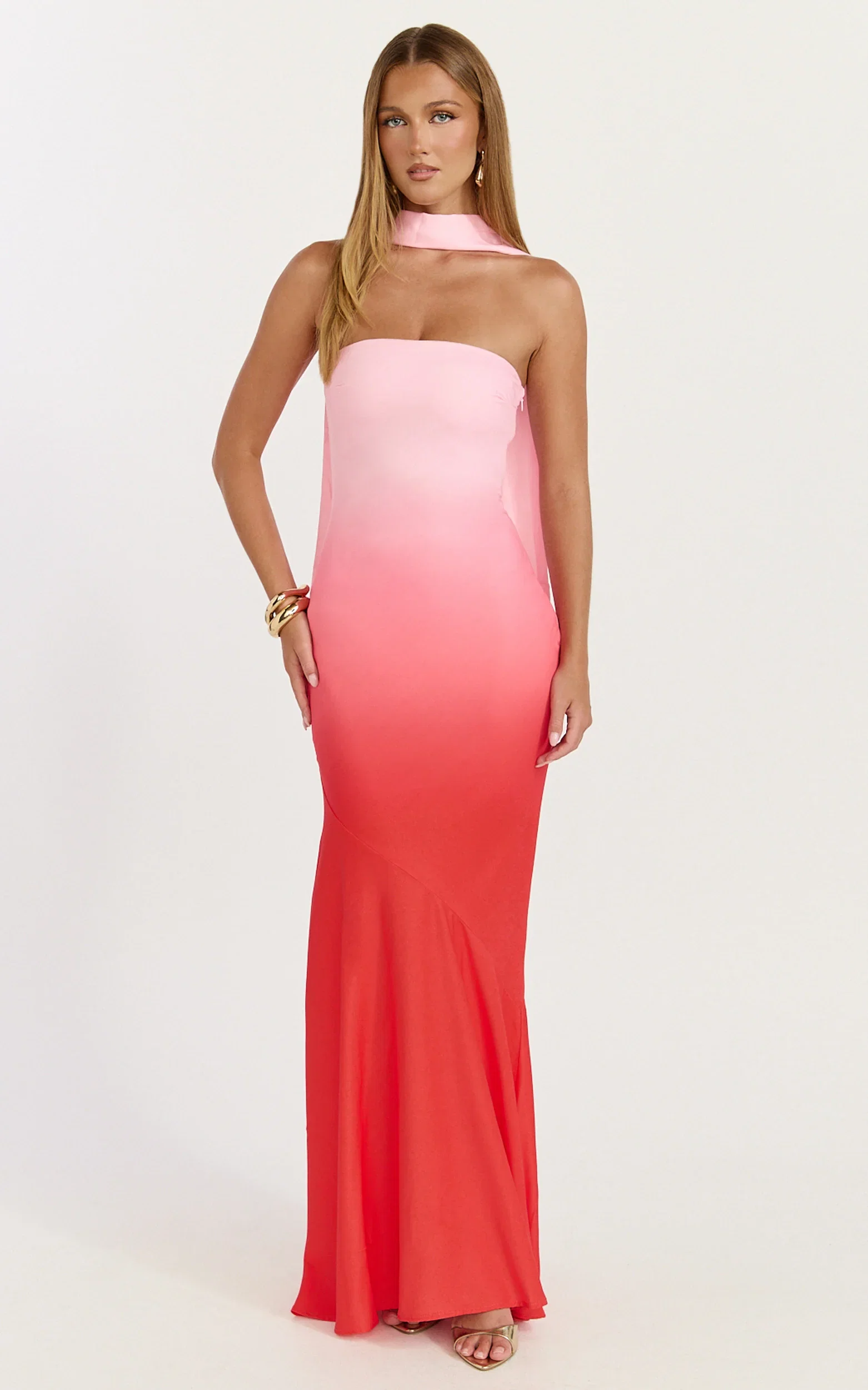 Lolly Maxi Dress - Strapless Bias Column Dress with Scarf in Blush Ombre Print