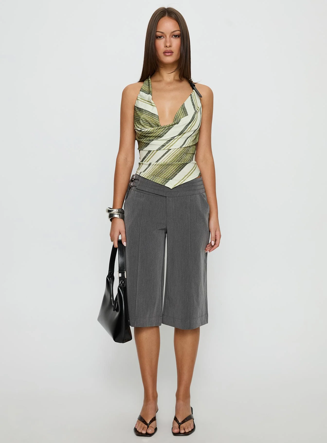 Syrenah Halter Cowl Neck Top Green Stripe