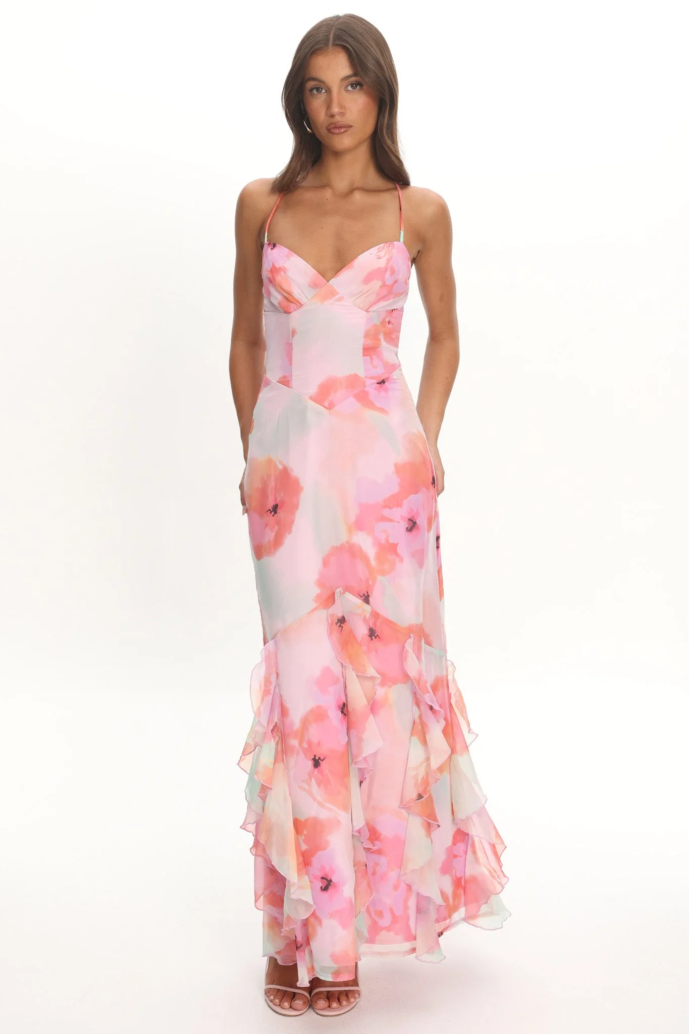 Charlisa Strappy Back Ruffle Maxi Dress Flowers Pink