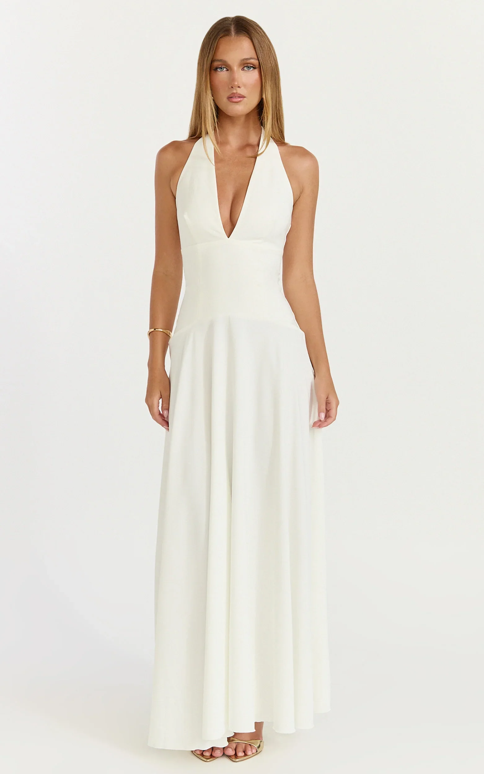 Poppy Maxi Dress - Contrast Skirt Deep Plunge Halter Dress in Off White - luluinthesky