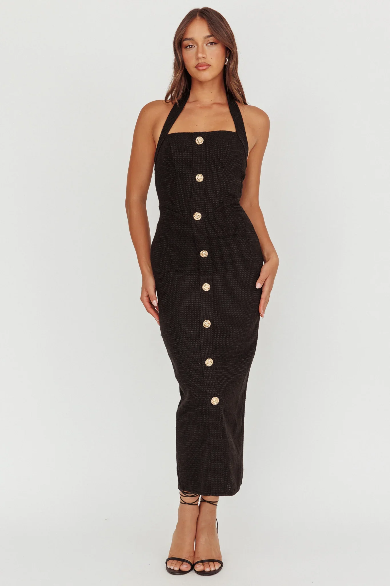 She Is Button Front Halter Midi Dress Tweed Black