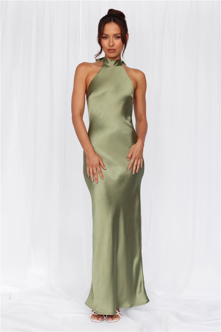 The Cleo Halter Satin Maxi Dress Olive