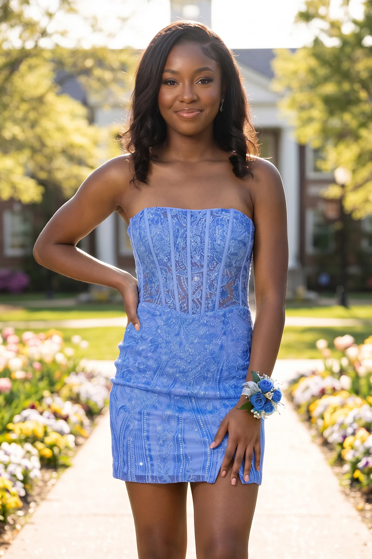 Turquoise Strapless Bodycon Appliqued Mini Homecoming Dresses With Slit