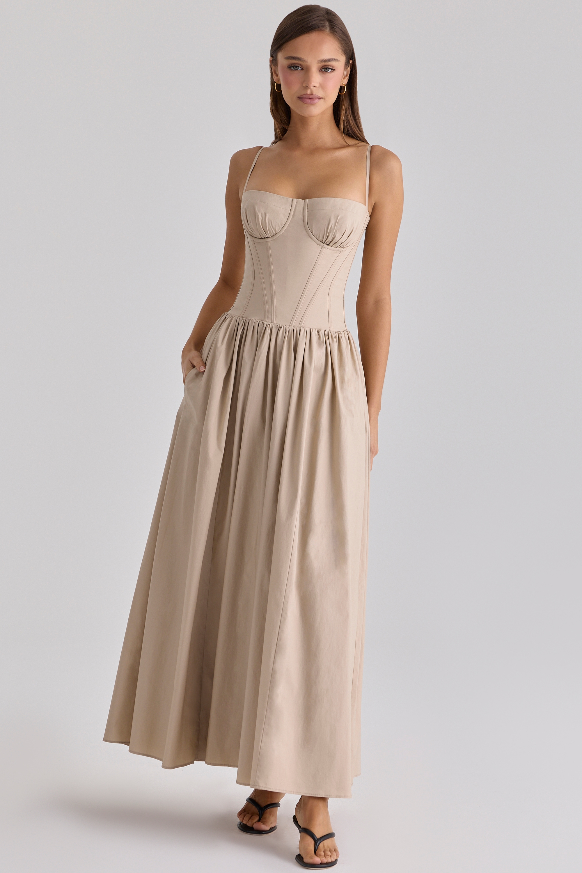 Taupe Cotton Corset Maxi Dress