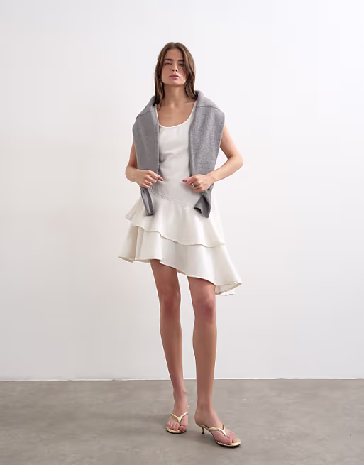 Topshop denim high low ruffle dress in bone