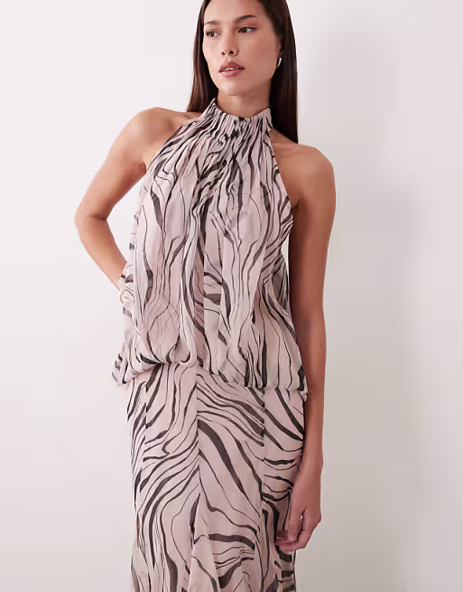halter neck slouchy dropped waist godet maxi dress in abstract zebra