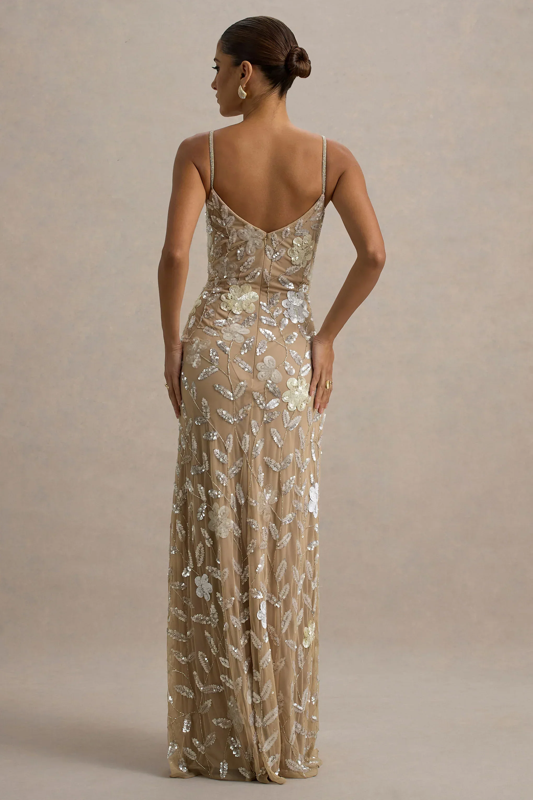 Gemini | Floral Sequin Hand-Embellished Strappy Maxi Dress