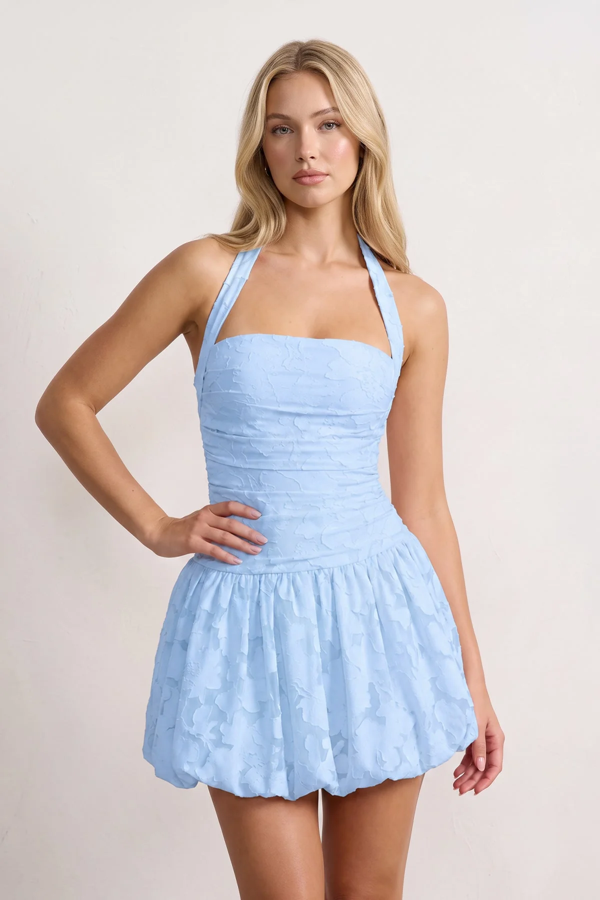 Pink Halter Jacquard Chiffon A-Line Homecoming Dress