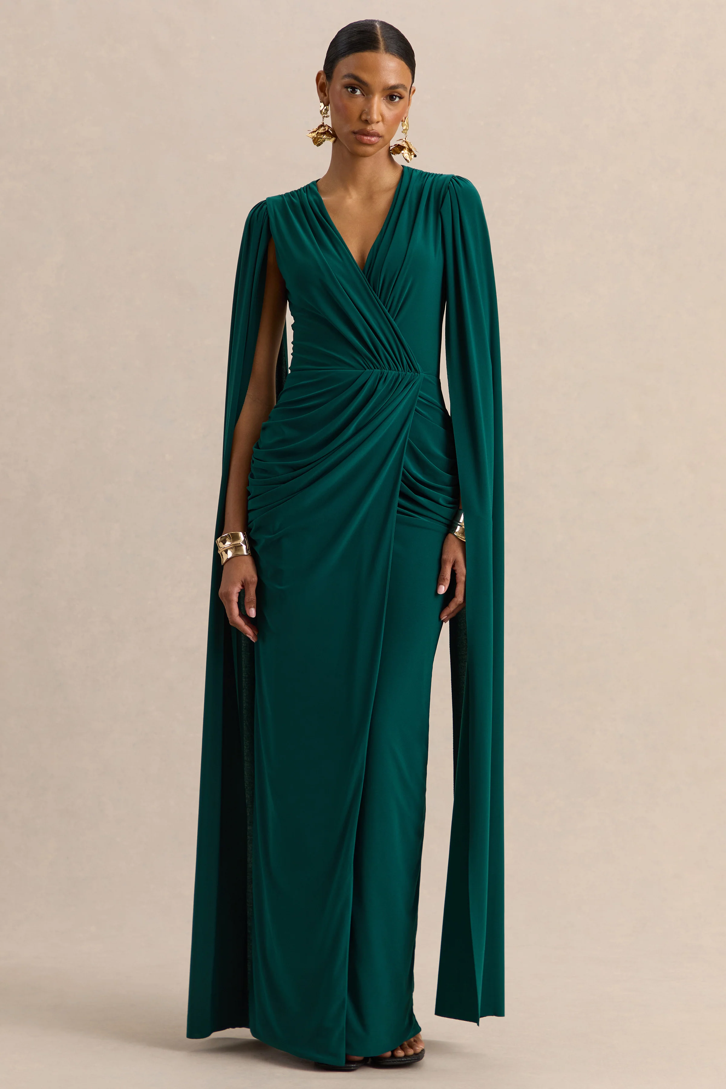 Ulissia | Bottle Green V-Neck Maxi Dress With Cape-Sleeves