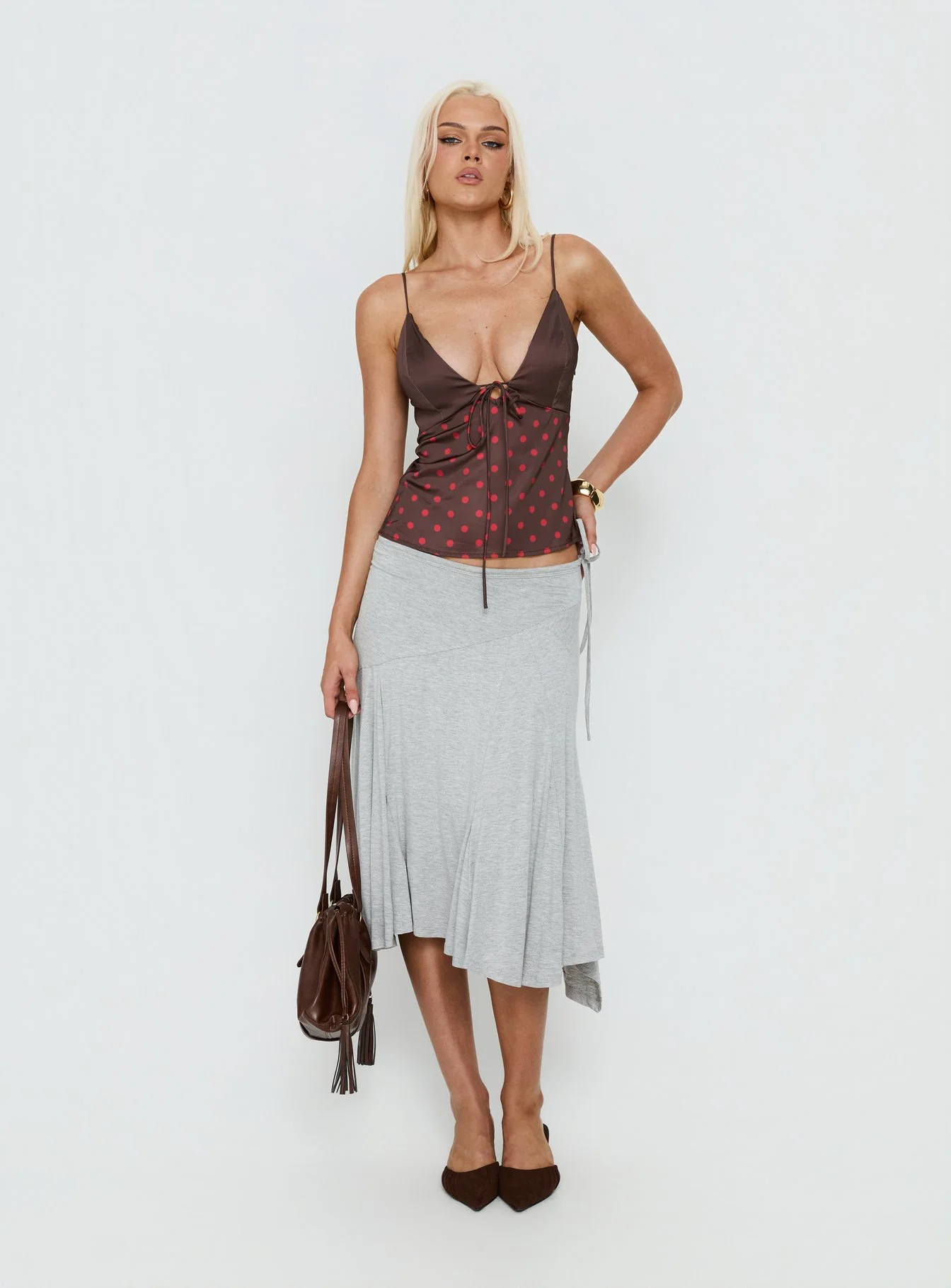 Warm Light Tie Detail Satin Cami Top Chocolate Polka Dot