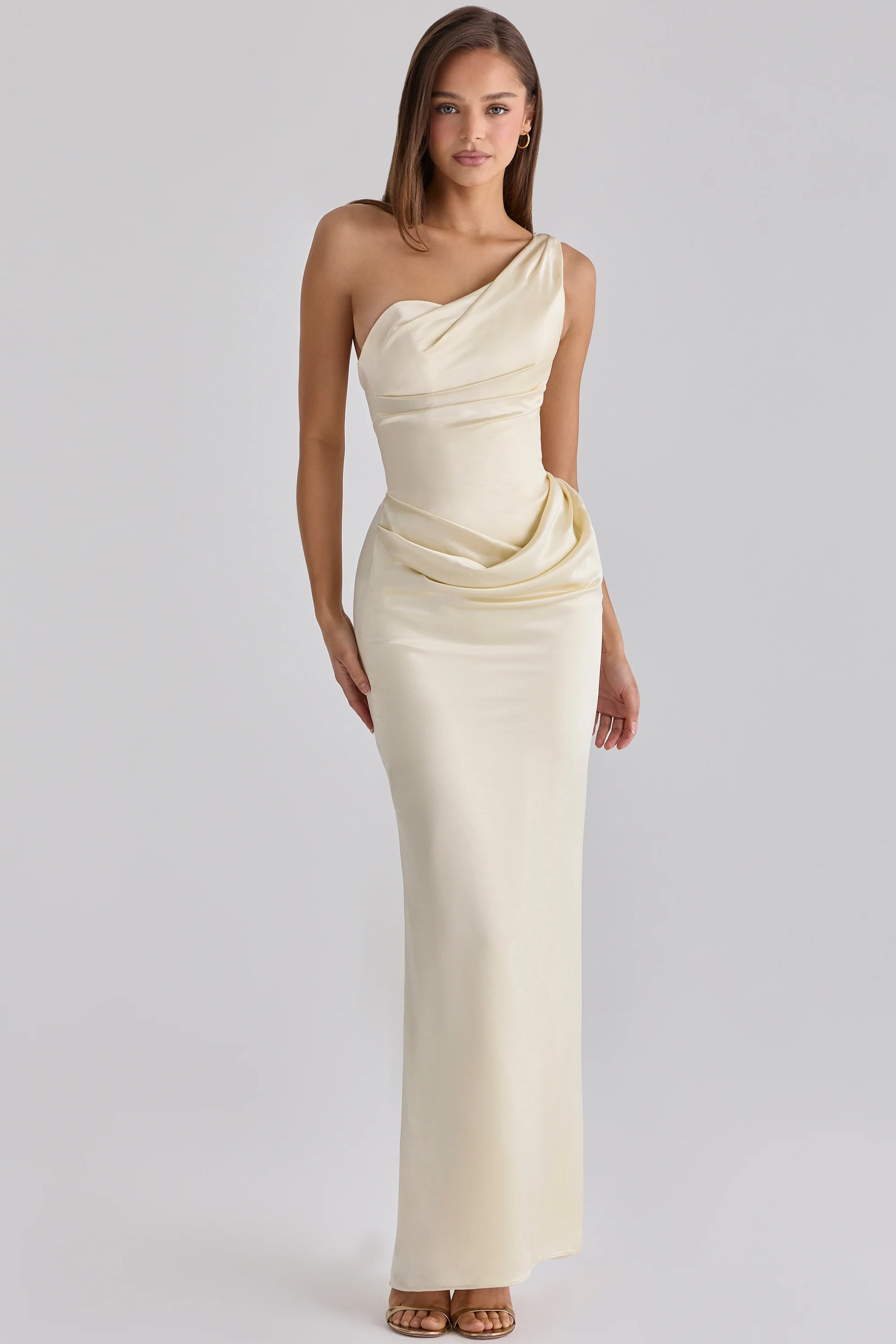 Lemon One Shoulder Satin Maxi Dress