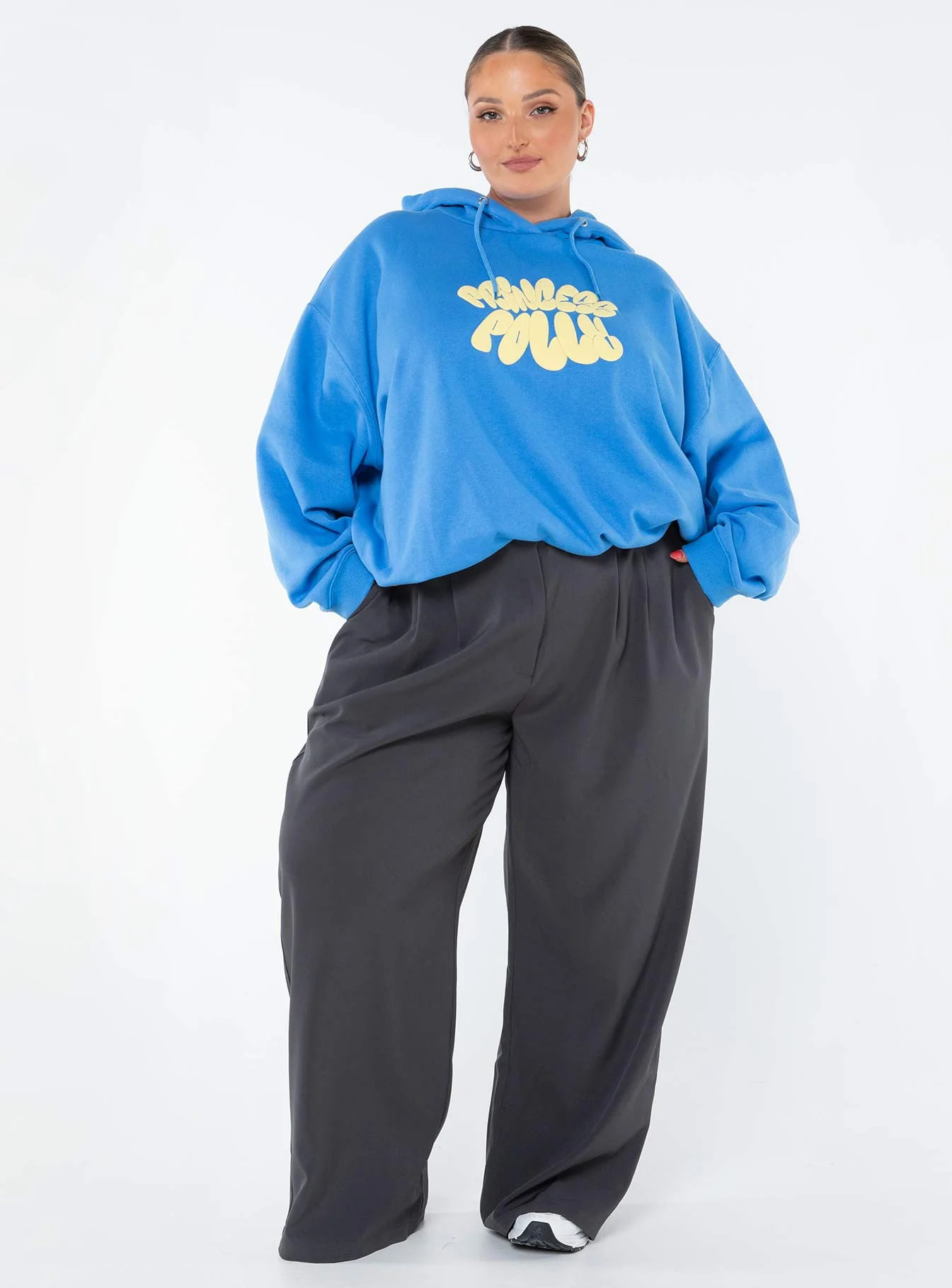 Princess Polly Hooded Sweatshirt Bubble Text Blue / Yellow Curve