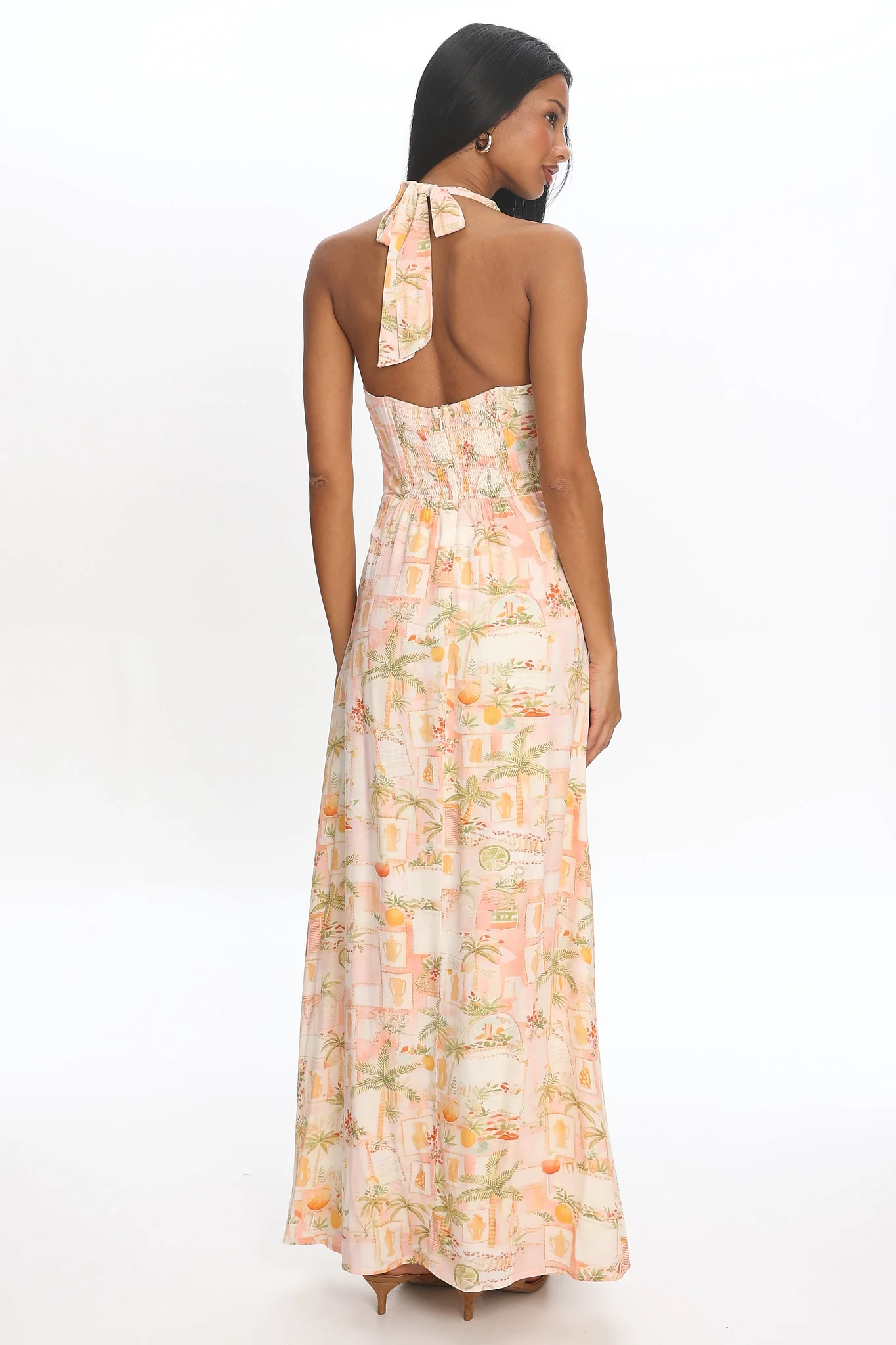 Golden Hour Beach Halterneck Maxi Dress Print Apricot - luluinthesky