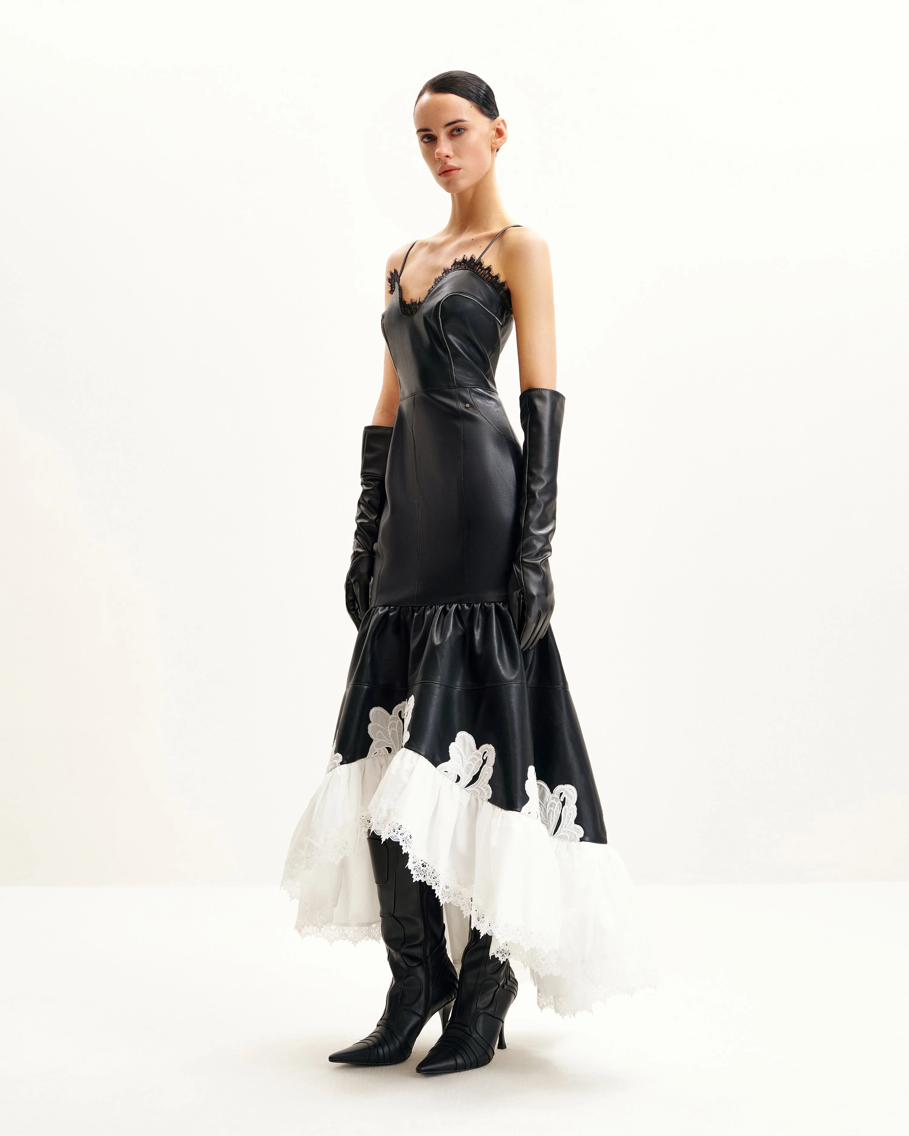 Zora Lace Trim Leather Dress - Black - FASHION NOB