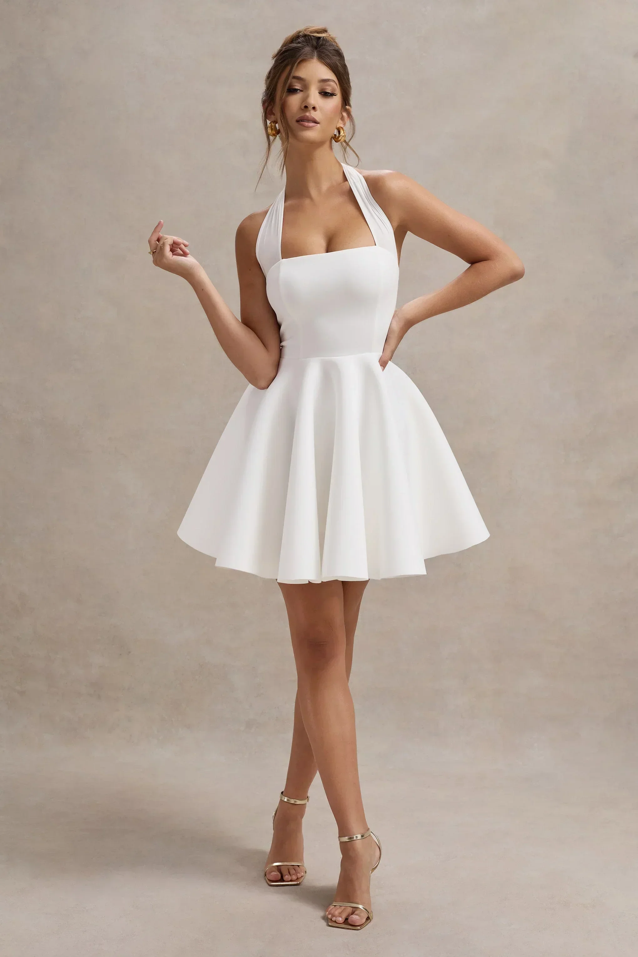 Peggy | White Halter-Neck Skater Mini Dress - luluinthesky
