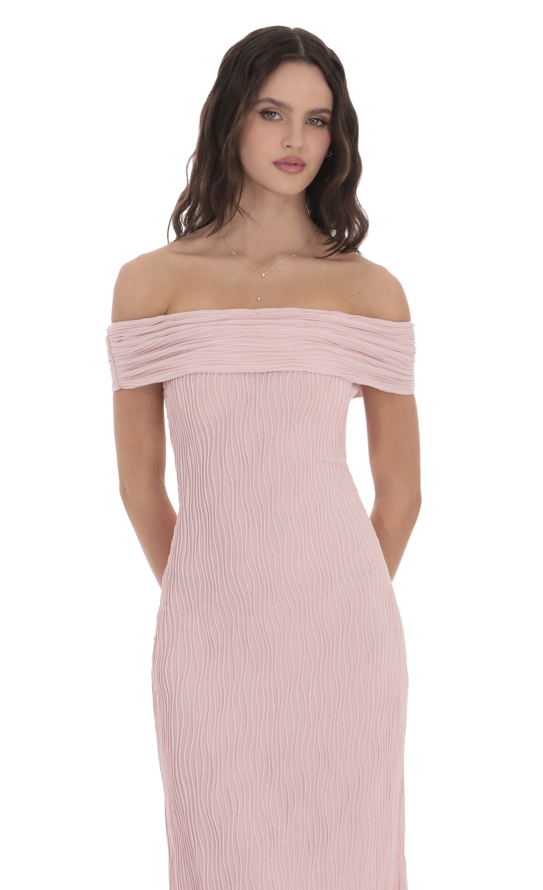 Textured Off Shoulder Maxi Dress in Blush Pink - luluinthesky