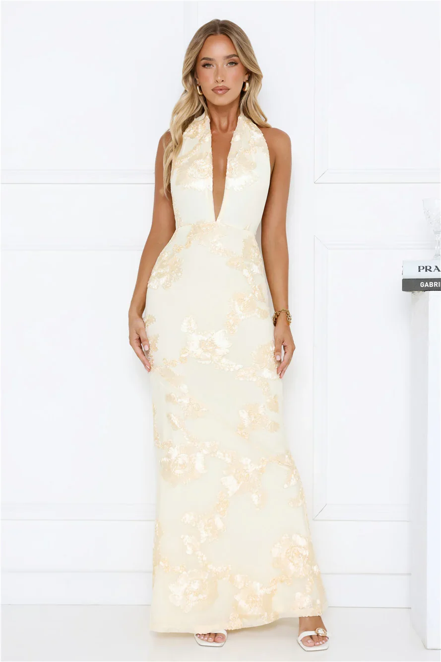 Daydream Kiss Halter Mesh Maxi Dress Yellow