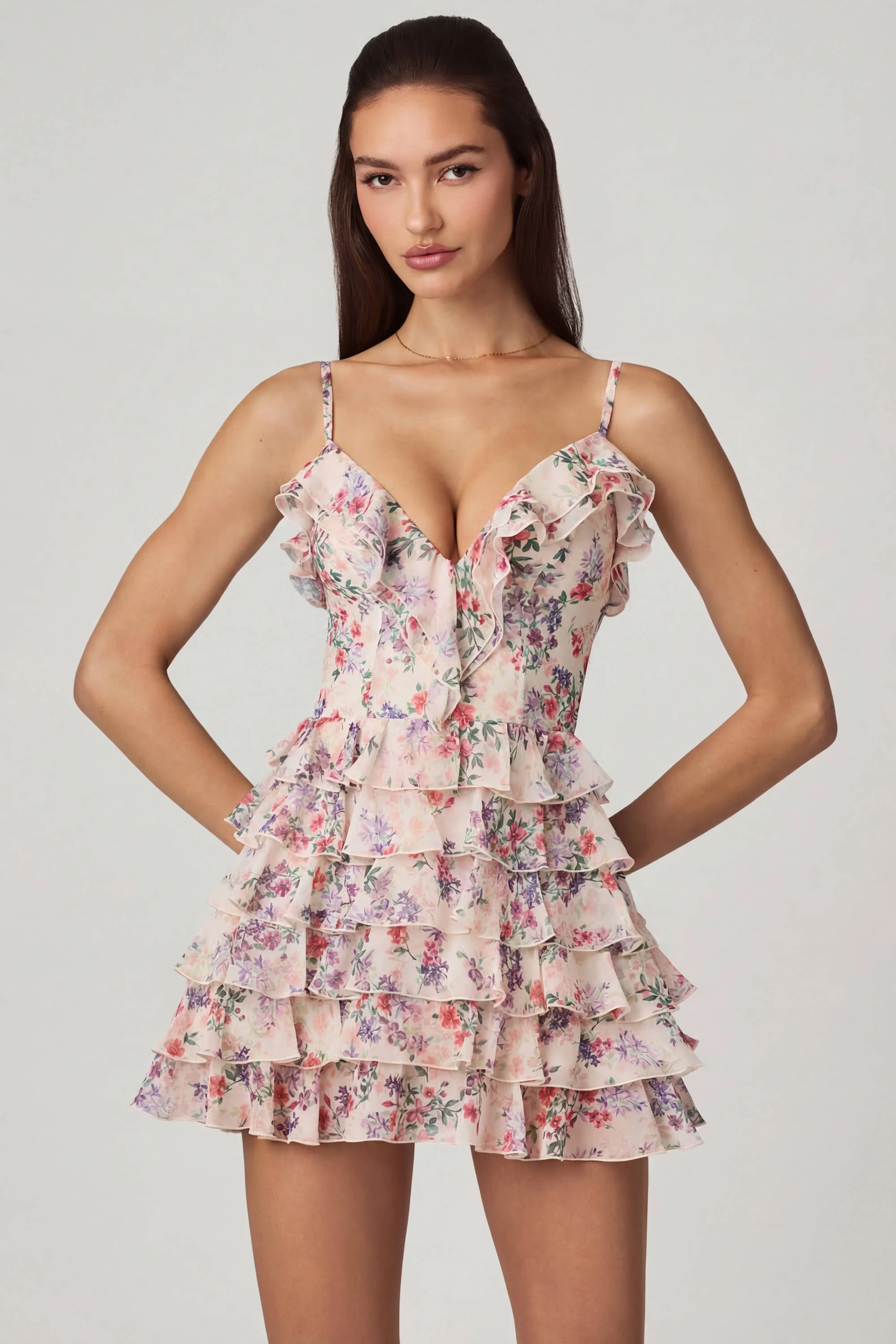 Ruffled Lace-Up A-Line Mini Dress in Primrose Floral Print